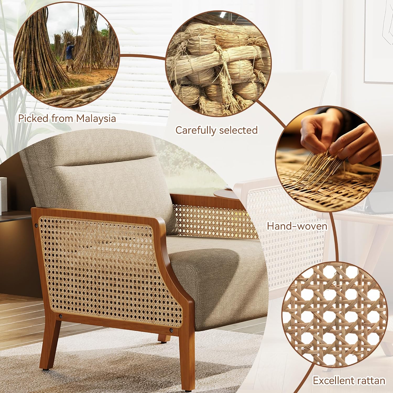 Aklaus Mid Century Accent Chair with Rattan Armrest, Upholstered Living Room Chairs Lounge Fabric Reading Chairs Side Sitting Farmhouse Chair for Living Room, Bedroom, Balcony, Grayish Brown