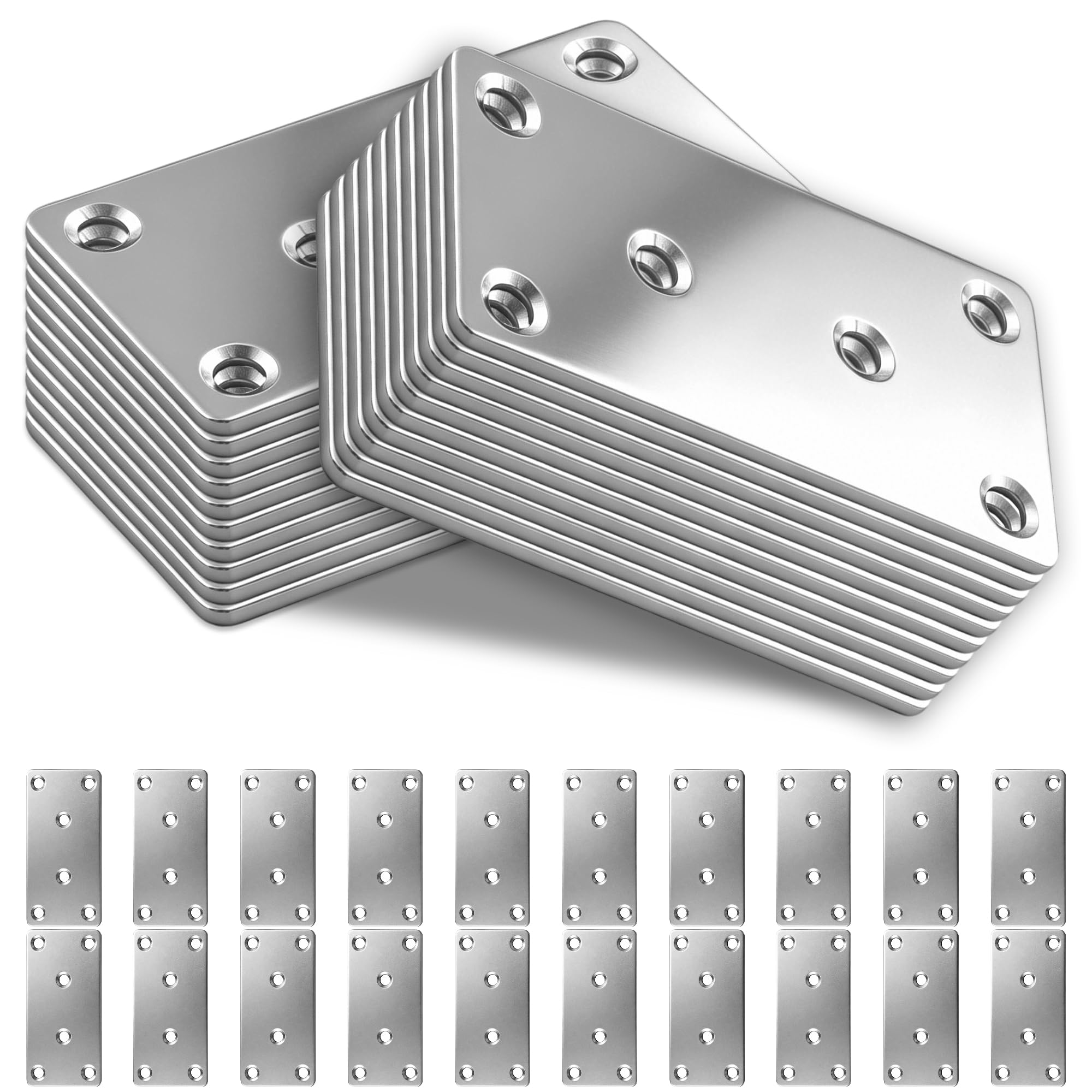 Liyerfer 20 Pcs Flat Brackets for Wood, 80 x 40 x 2 mm Joining Plates for Wood, Sleeper Bracket Heavy Duty, Stainless Steel Mending Plates for Connector, Metal Brackets for Wood Fixing — image 1
