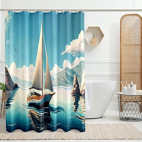 Miniatura 1 de GDHBLING Juego de cortina de ducha con diseño náutico para exteriores, con temática costera, de tela pesada, con ganchos, resistente al agua, azul
