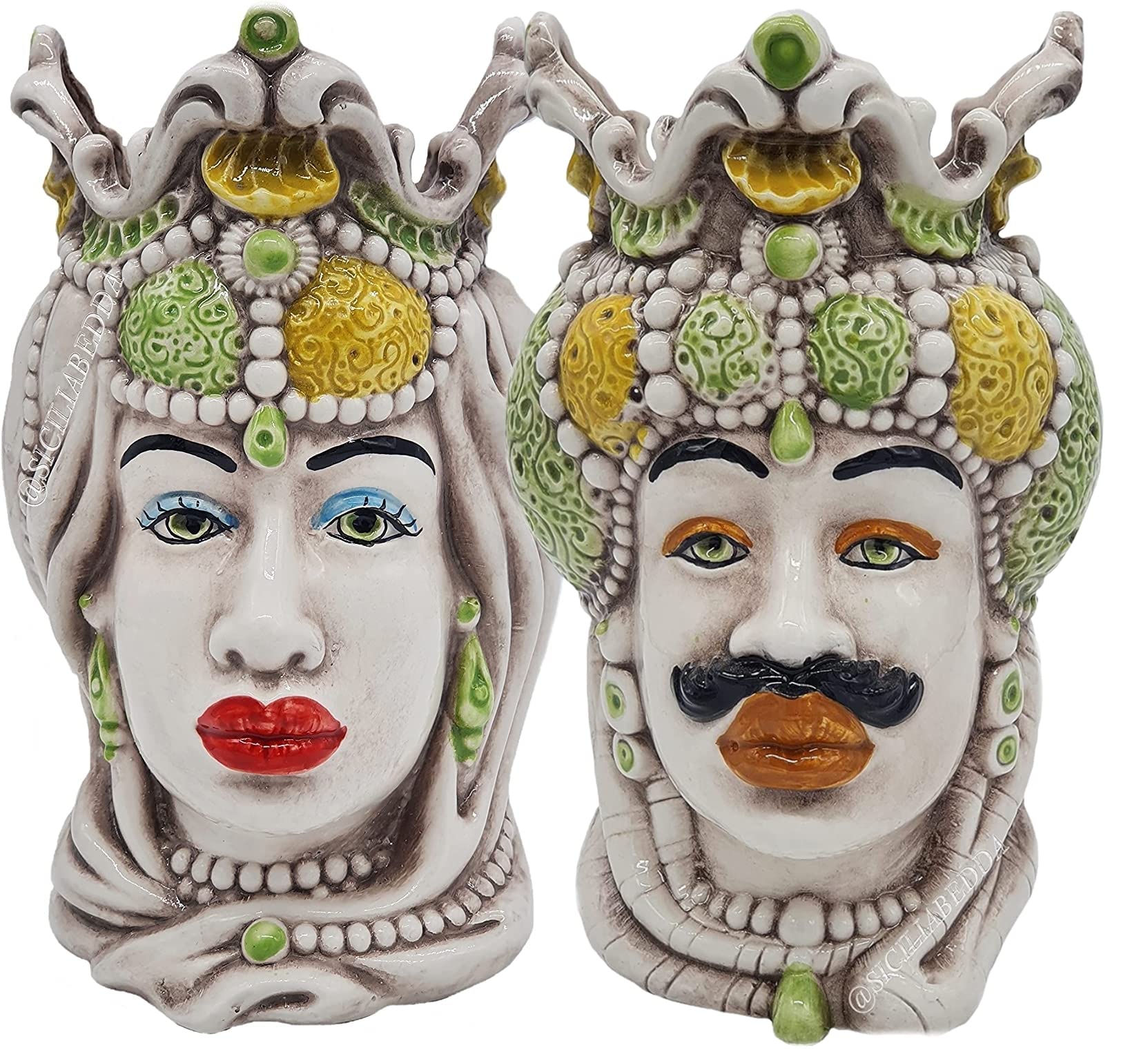 sicilia bedda - Sycylijskie główki morza z ceramiki Caltagirone - wykonane całkowicie ręcznie - wysokość 18 cm (para głów zielonego morca)