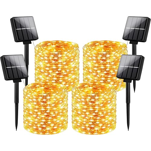 Outdoor Solar String Lights Waterproof 288Ft, 4-Pack Each 72FT 200 LED Solar Powered Fairy Lights with 8 Lighting Modes, Cooper Wire Lights for Patio, Garden, Party, Wedding (Warm White)
