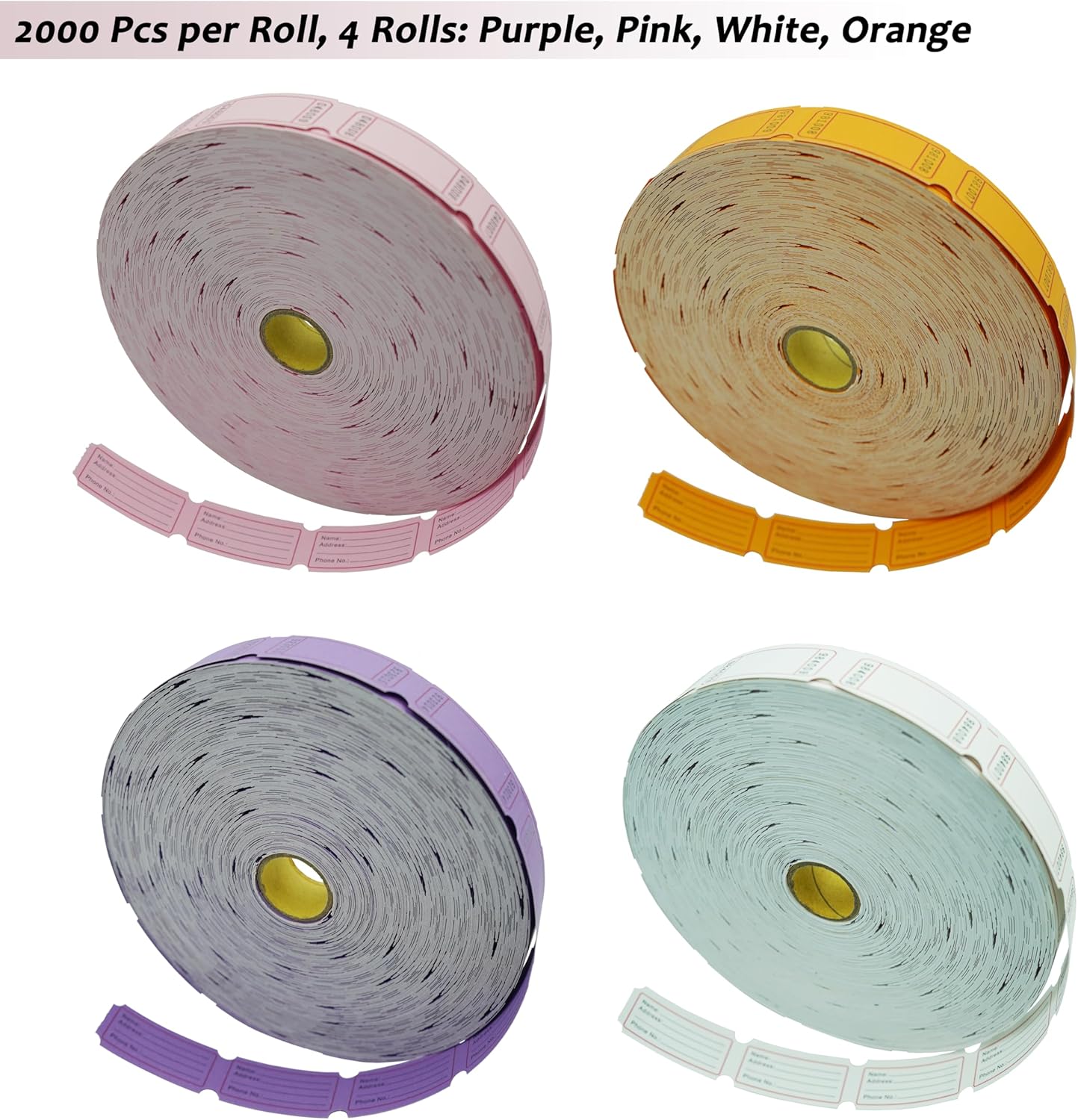 DNB 8000 Pcs Raffle Tickets - 4 Color Set of 2000 Pcs 2 x 1 Inch Single Roll Consecutively Numbered Blank Tickets - Purple/Pink/White/Orange