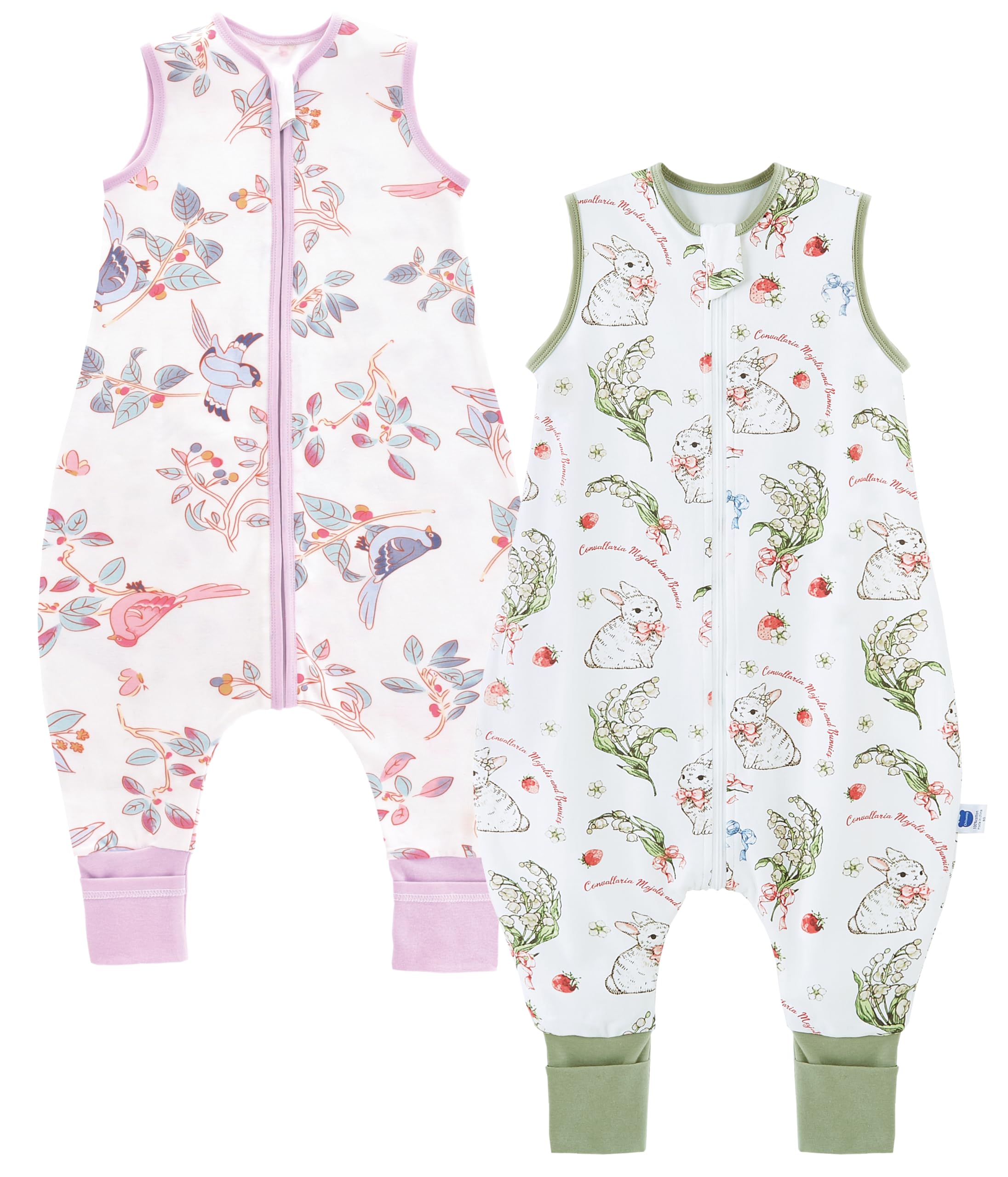 Chilsuessy 2pcs Baby Sleeping Bag with Feet 1.5 TOG Baby Sleep Sack with Legs 100% Cotton Toddler Wearable Blanket Walker Sleep Sack Kids, 1.5 Tog/Magpie + Rabbit, 80cm/2-3 Years