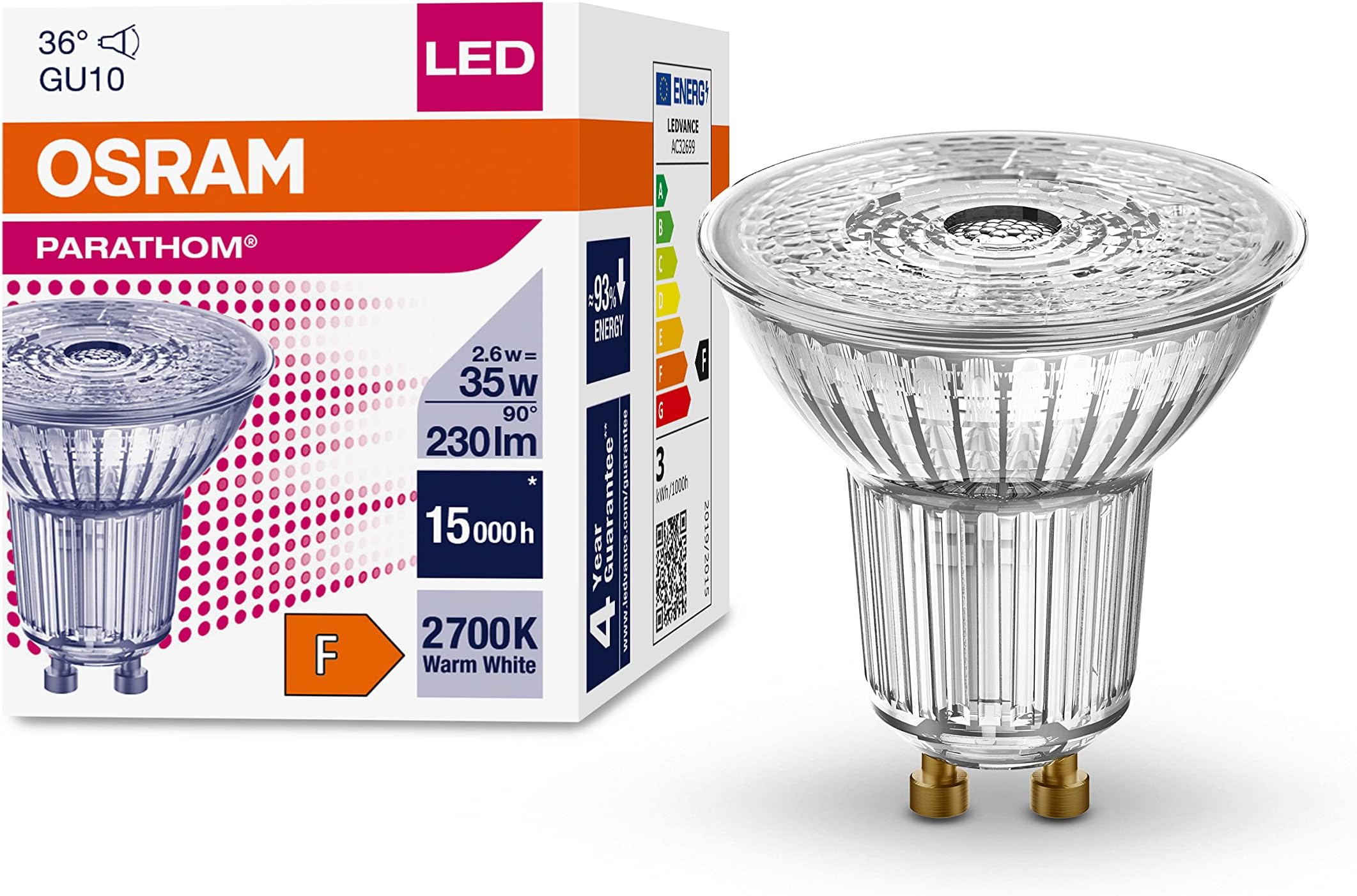 OSRAM LED Light Bulbs, Reflector Bulbs with GU10 Socket, Energy Saving, Long Life 15,000 H, Beam Angle 36°, Warm White, PAR16 35 36° 2.6 W/2700
