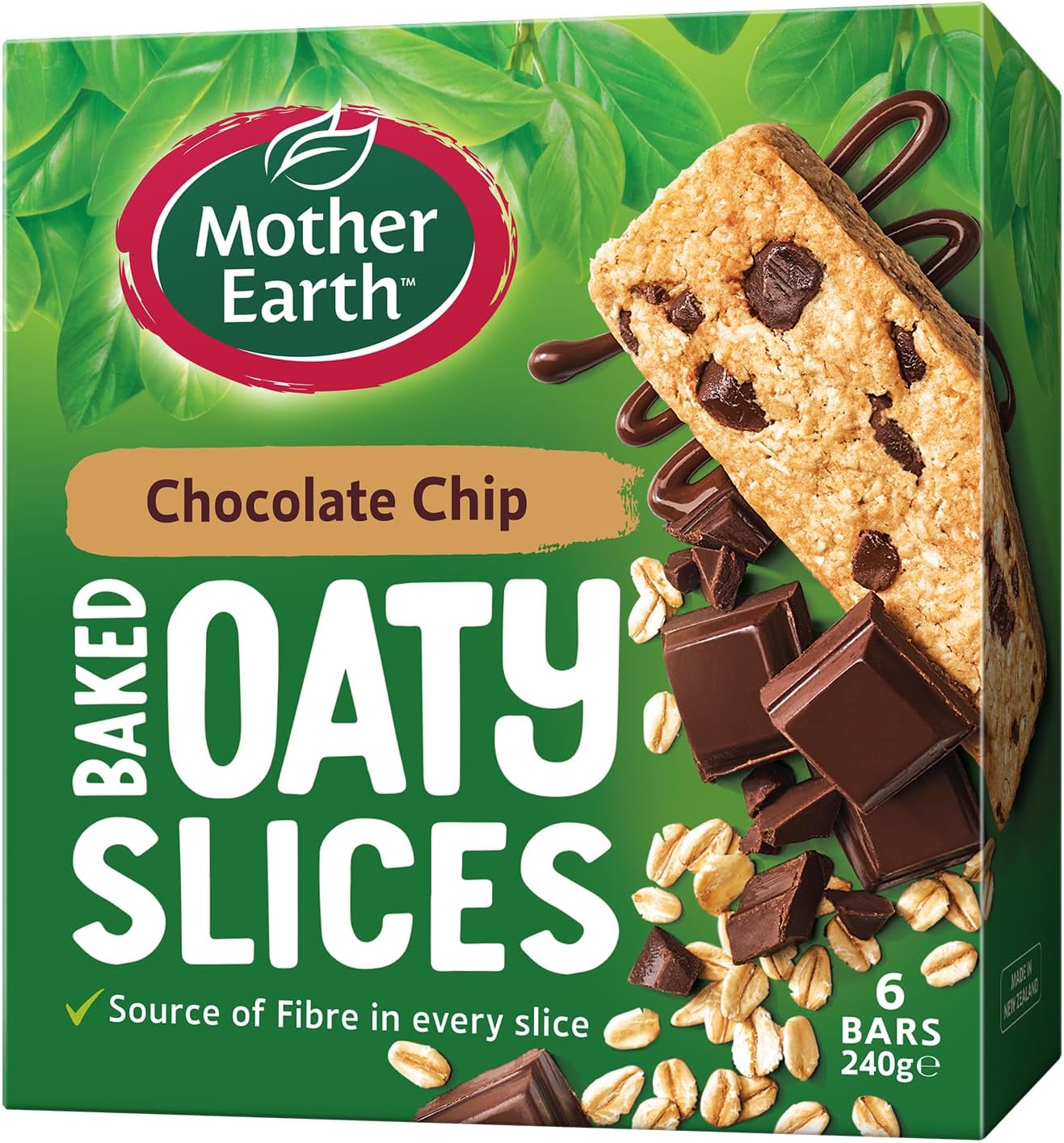 Mother Earth Baked Oaty Slices Chocolate Chip, 6 Bars, 240 gms - Wholegrain Cereals, Vegetarian Friendly, Source of Fibre, Product of New Zealand