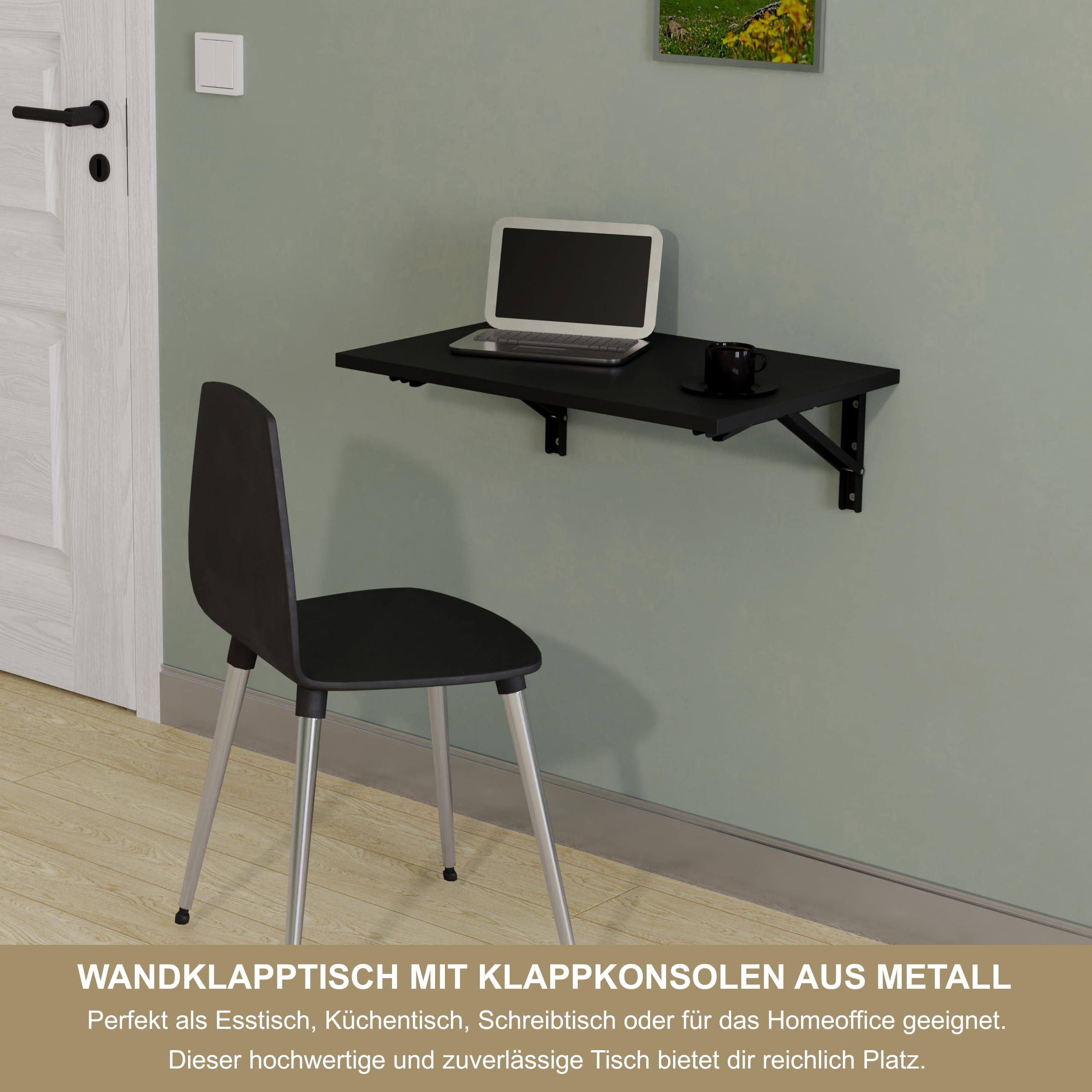 KDR Wandklapptisch 60x40 cm – Klapptisch zur Wandmontage, platzsparender Wandtisch, klappbarer Esstisch, Schreibtisch & Küchentisch, ideal für kleine Räume und Home Office (Schwarz)