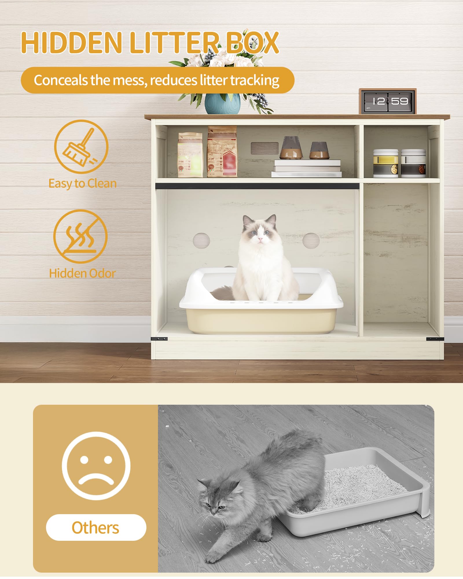 Hzuaneri Cat Litter Box Enclosure, Hidden Litter Box Furniture with Storage, Wooden Cat Cabinet with Scratch Pad, Farmhouse Cats House, TV Stand End Table, Rustic Brown and White CB88614X - image 4