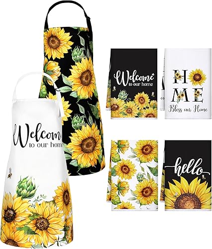 Bencailor 6 piezas delantal de cocina de gnomo de abeja de girasol y toallas, decoración de cocina de primavera, impermeable, regalos de verano