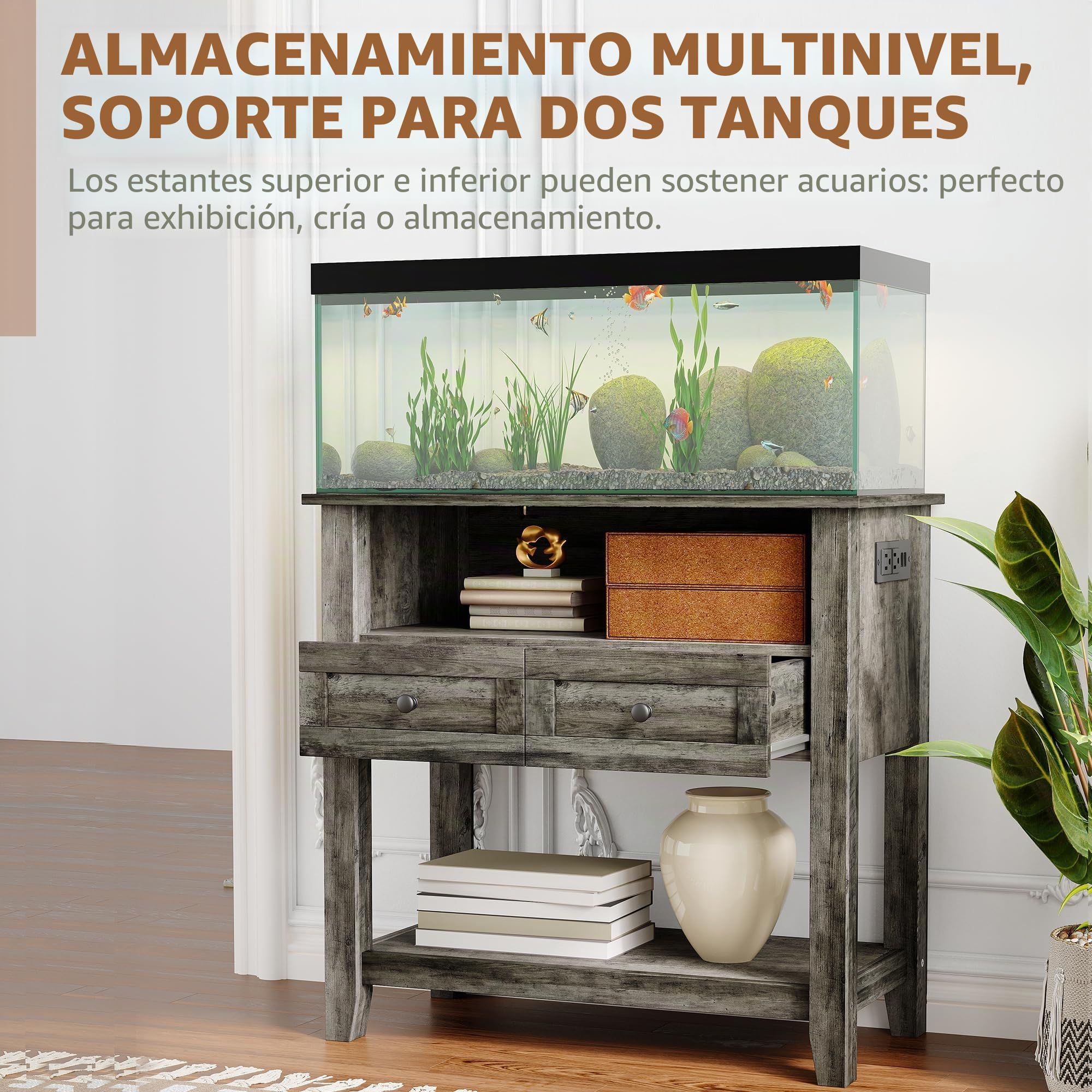 Mueble para acuario 20-29 galones con estación de recarga - Soporte robusto 300kg - Cajones y estantes abiertos - Soporte para sala de estar - Color gris
