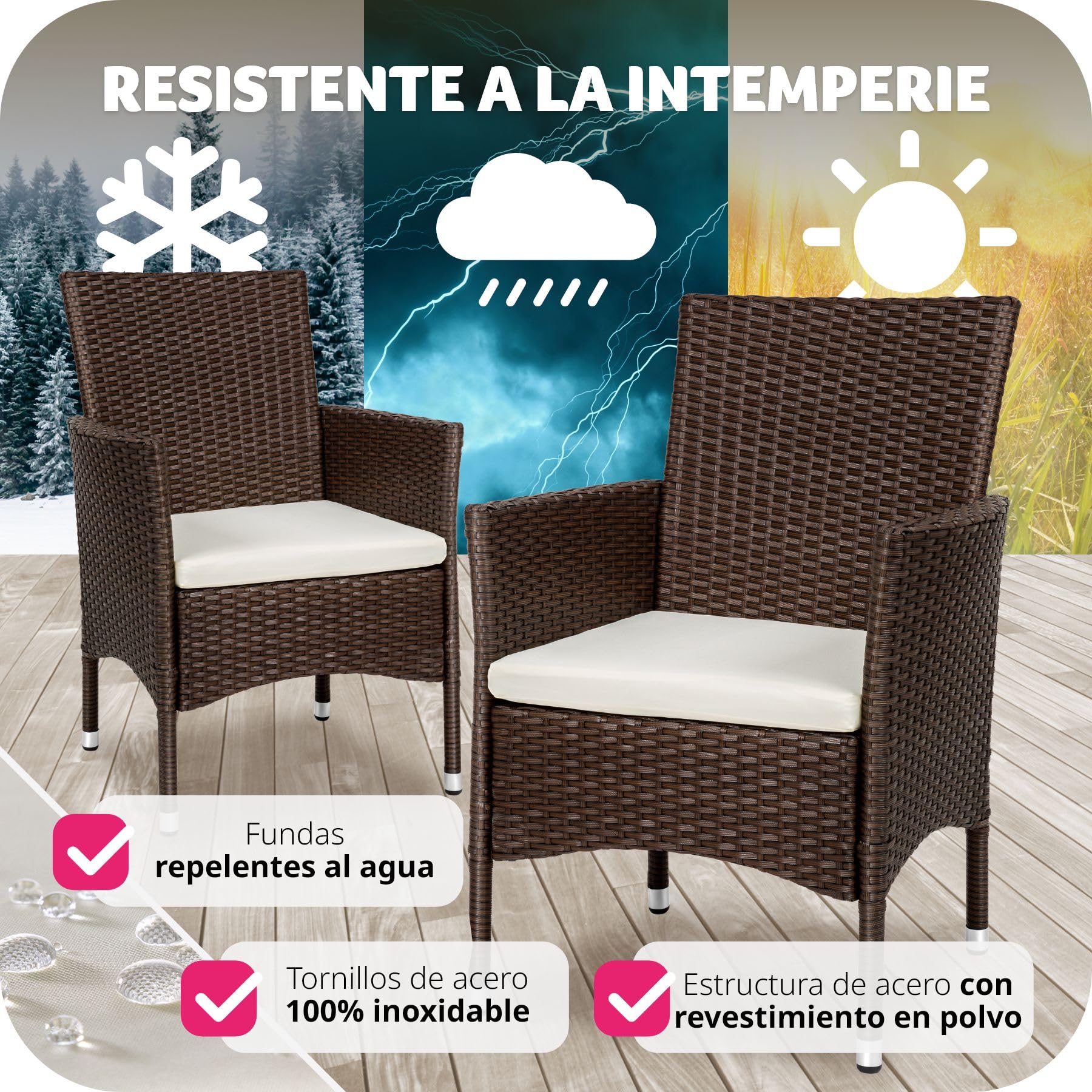 tectake® Set de 2 Sillones en Poliratán y Acero, Muebles Jardín Exterior, Sillón para Conjunto Jardín Exterior, Cojines con Fundas Intercambiables, Fácil Montaje - marrón/Beige