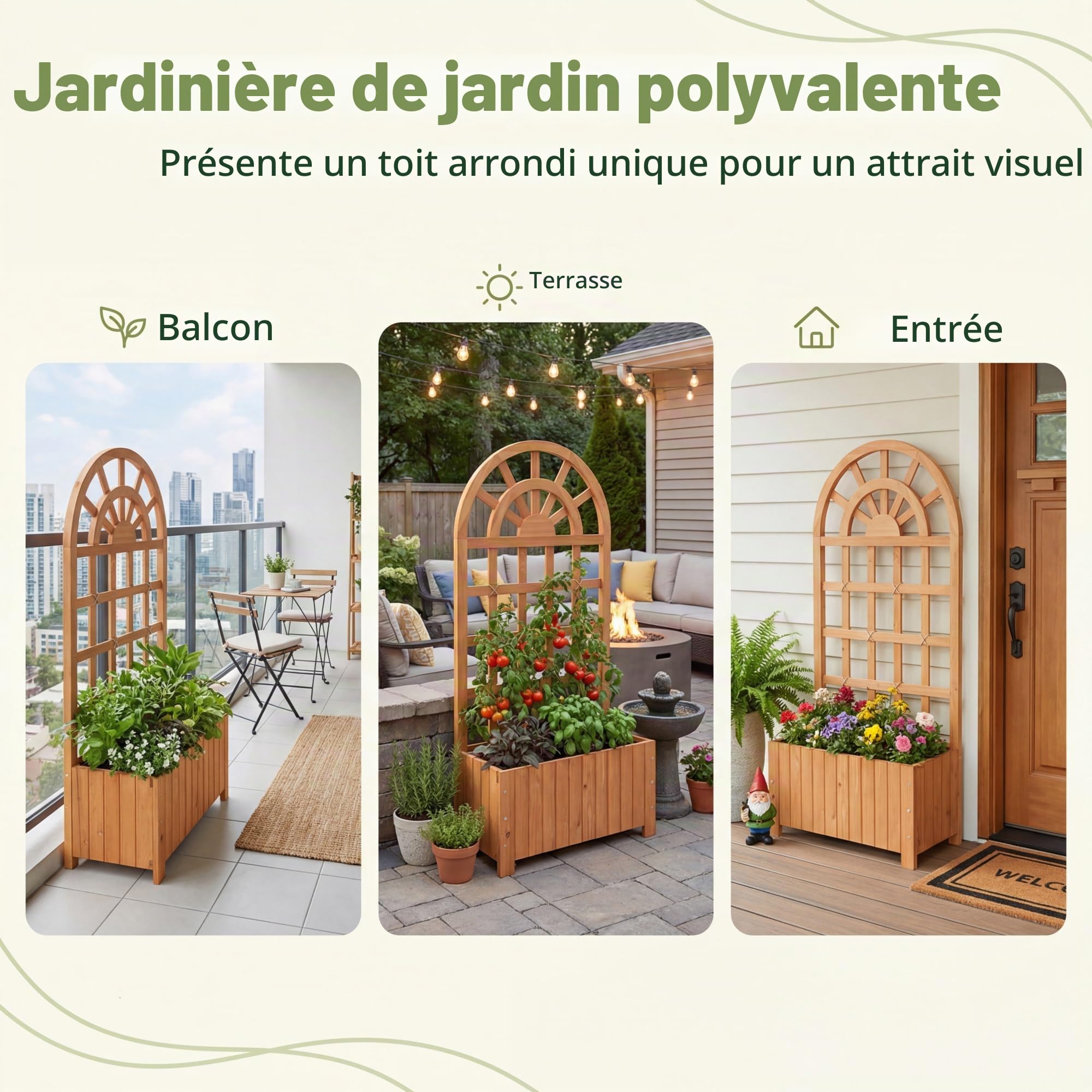 HOMASIS Jardinière avec Treillis en Bois, Carré Potager Jardinière Brise-Vue avec Trou Drainage, Lit Surélevé de Jardin, pour Plante Grimpante Vigne, Intérieur et Extérieur (Marron, 61 x 30 x 121 cm)