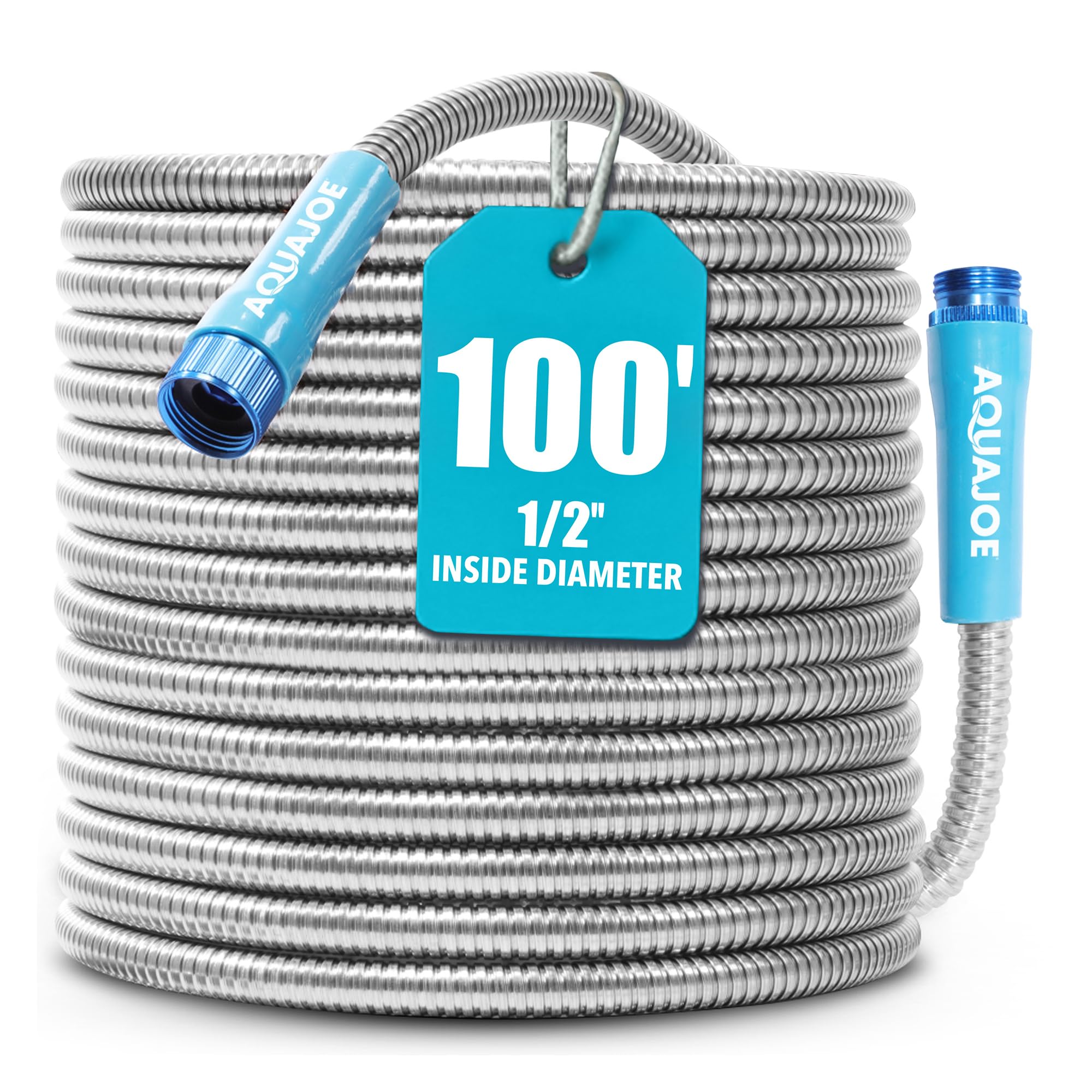 Aqua Joe AJSGH100 1/2-Inch Heavy-Duty, Puncture Proof Kink-Free, Spiral Constructed 304-Stainless Steel Metal, Garden Hose, 100-Foot