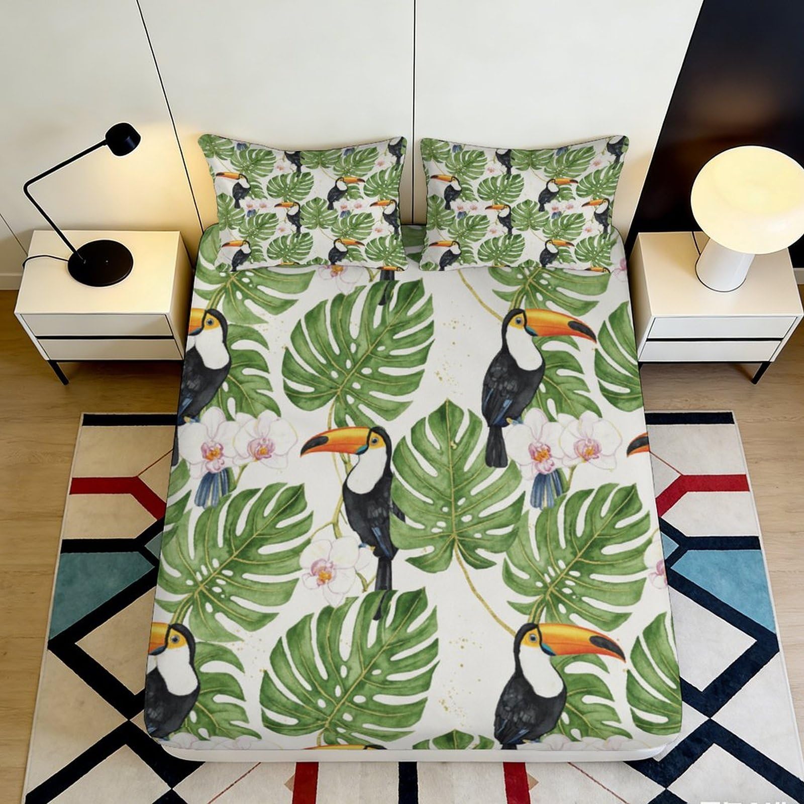 3D Printed Tropical Leaves Fitted Sheet Microfiber Soft Parrot Birds Mattress Cover for Bedroom Guest Room Decor 140x200x25cm