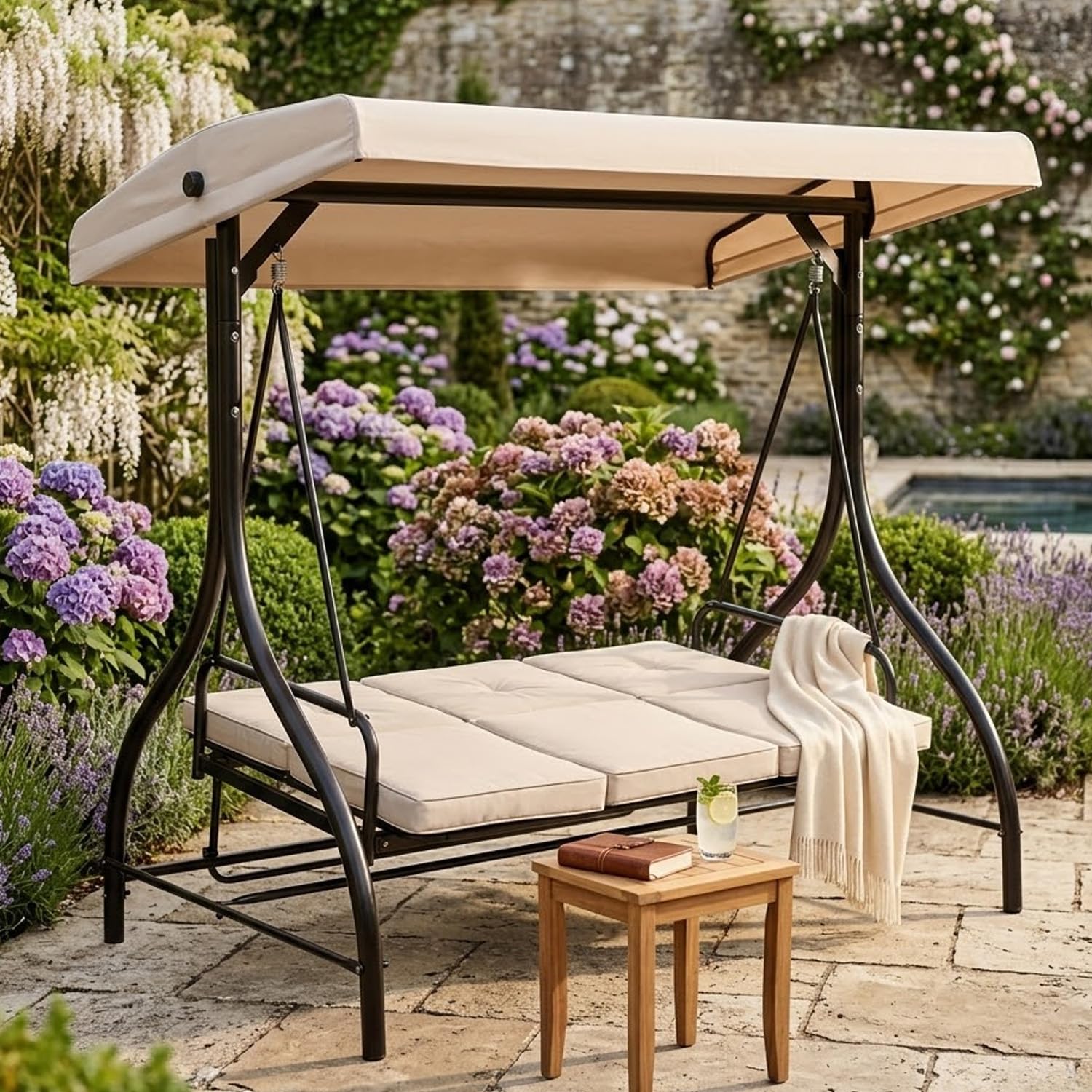 Dondolo Per Terrazzo E Giardino 3 Posti Con Tettuccio Parasole Seduta Reclinabile Convertibile In Letto Struttura Acciaio 195 X 120 X 175 Cm Beige