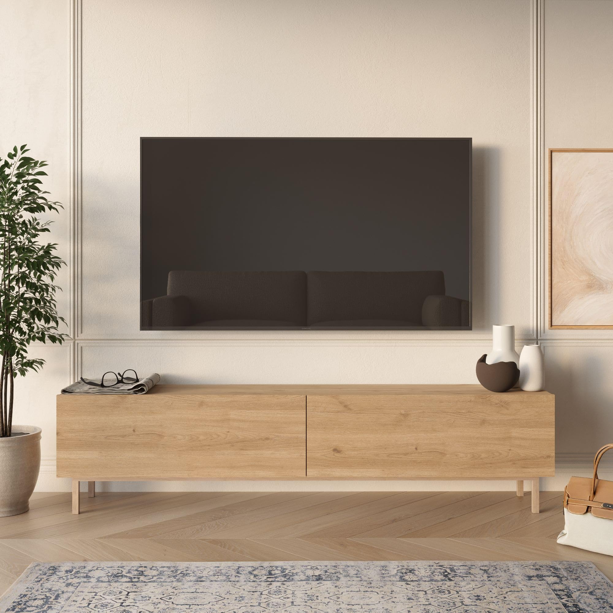 Hanah Home Modern Oak TV Stand, 180 cm, 100% Melamine Coated Particle Board, Beech Wood Legs, 18 mm Thickness | Stylish Scandinavian Design for Living Room