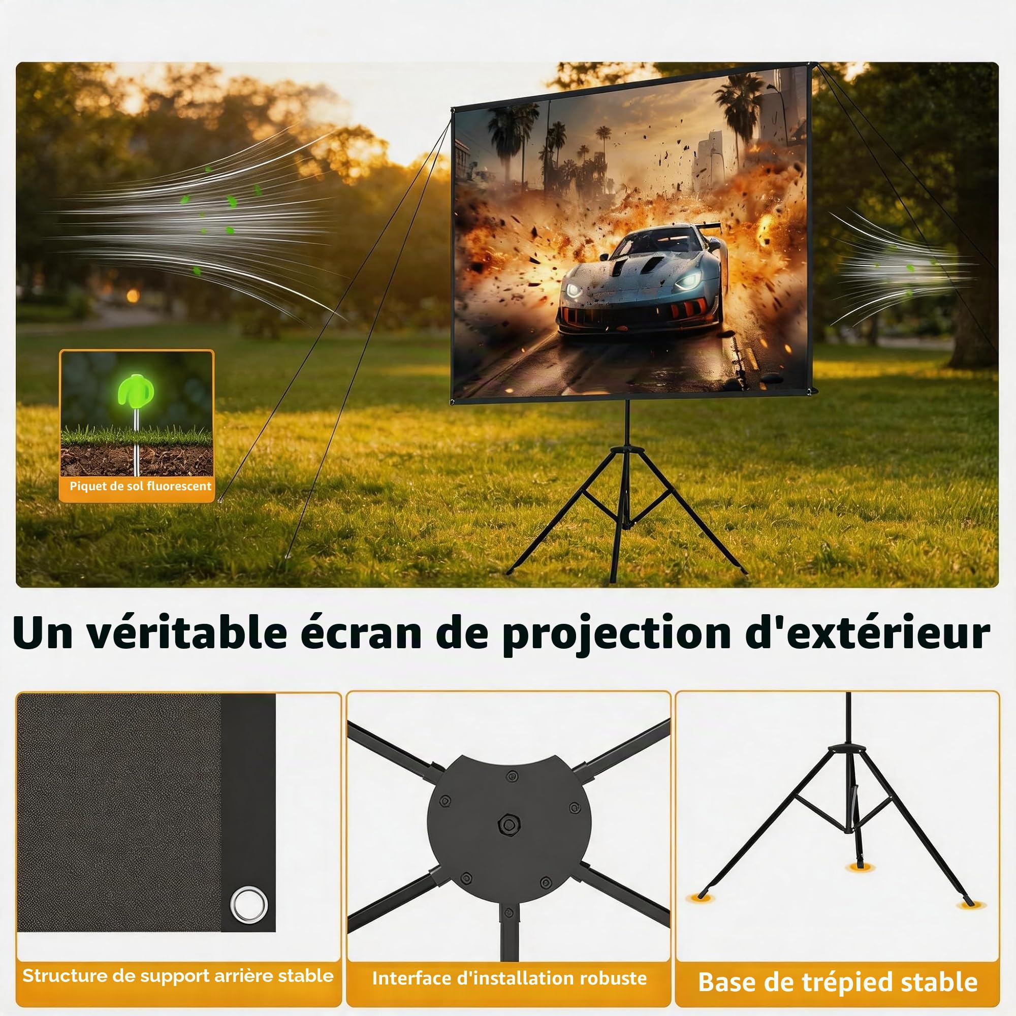 WASJOYE 80 inch Ecran Videoprojecteur,16:9 4K HD Ecran Videoprojecteur sur Pied,Conception Résistante au Vent,Livrée avec Une Corde et des Piquets,Idéale pour Le Home Cinéma et.