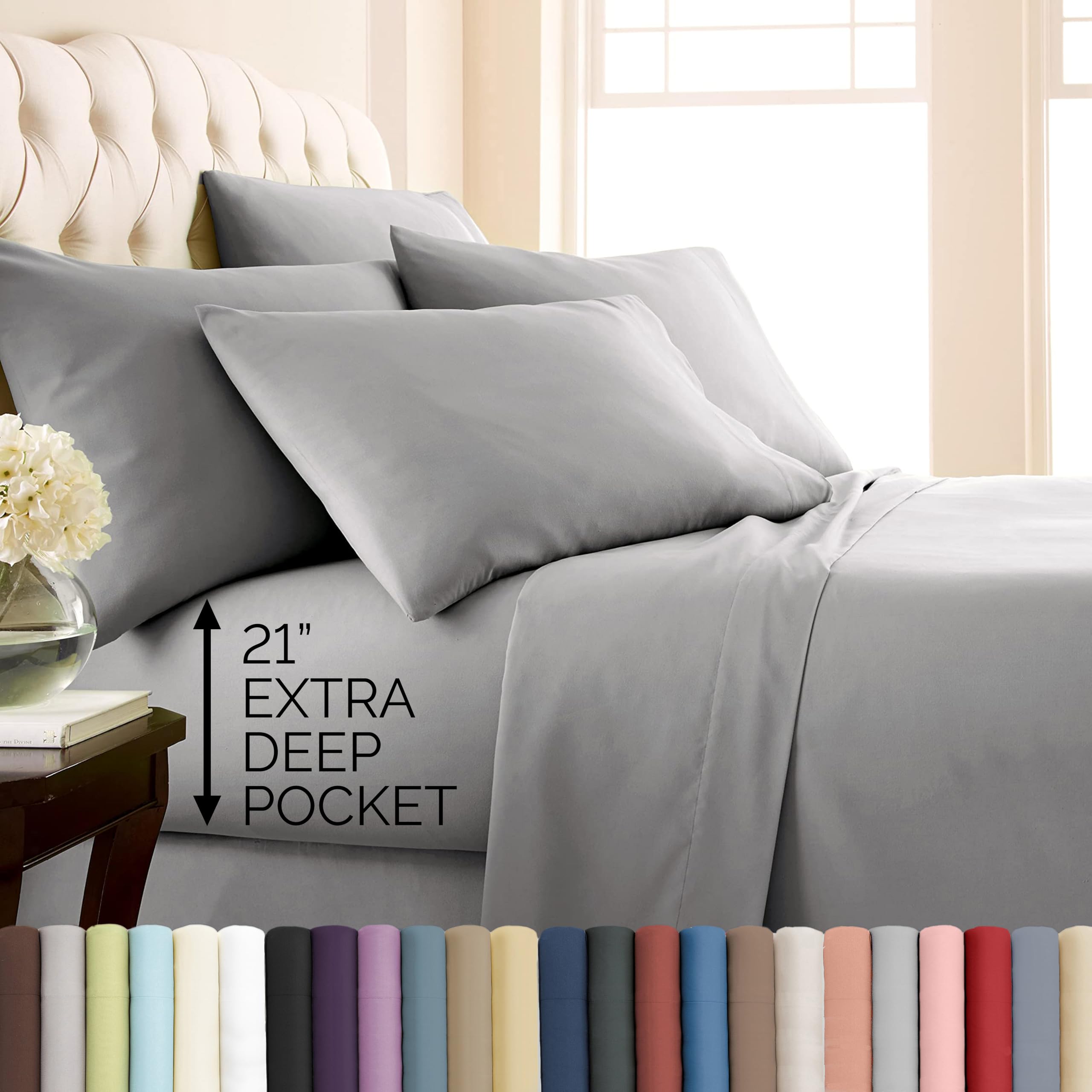 Southshore Fine Living, Inc. 4-Piece Deep Pocket Twin Sheet Set, 21-Inch Deep Pocket Twin Fitted Sheet, Microfiber Sheets, Pillow Cases Standard Size Set of 2, Steel Grey Bedding, Steel Grey Sheets