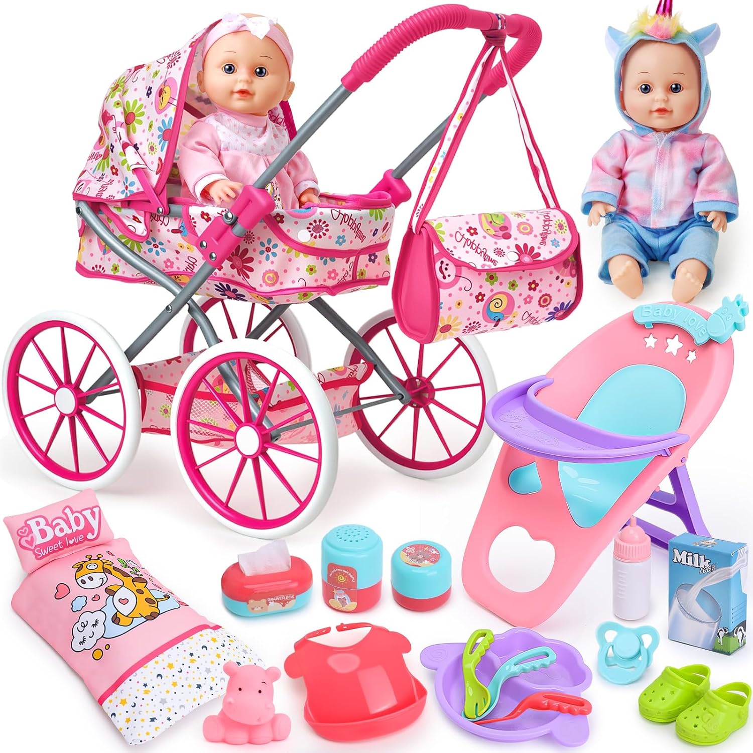 Golray 12 in Baby Doll Toys Set with Stroller for 3 4 5 6 Year Old Girl – 26pcs Babydoll with Accessories Quilt Pillow/Highchair/2 Clothes, Feeding Nursing Pretend Play Toddler Girl Toy Gift 3-5-7 Golray 12 in Baby Doll Toys Set with Stroller for 3 4 5 6 Year Old Girl – 26pcs Babydoll with Accessories Quilt Pillow/Highchair/2 Clothes, Feeding Nursing Pretend Play Toddler Girl Toy Gift 3-5-7