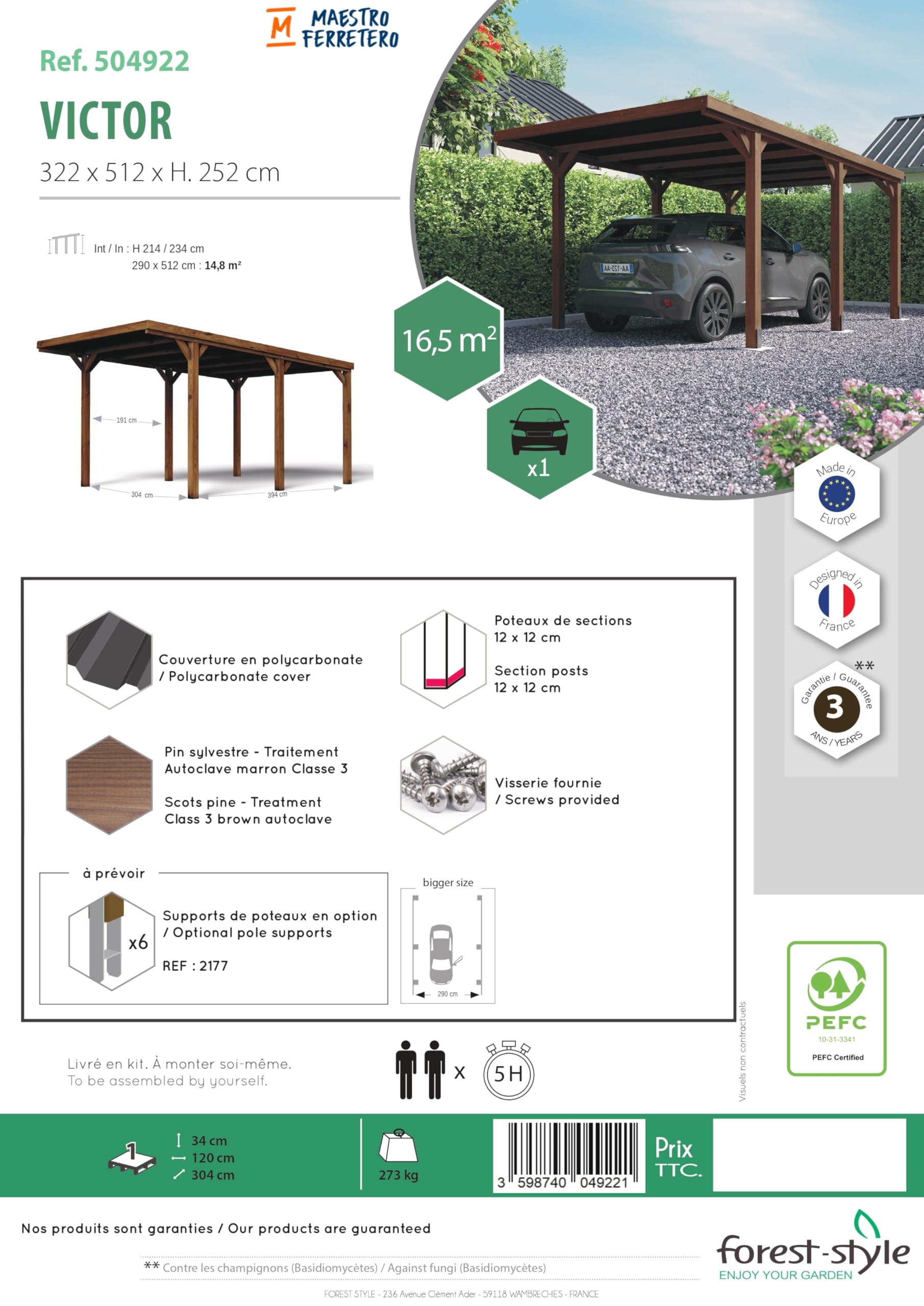 Carport Bois 1 Voiture 16,5 m² Victor