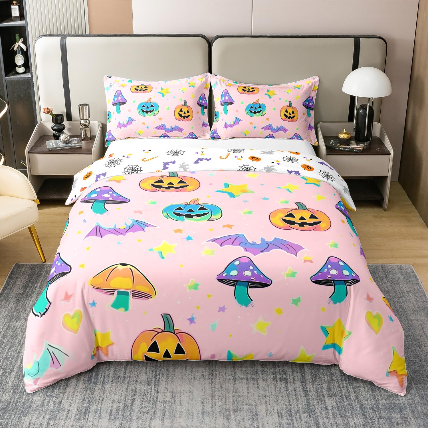 Housse de couette 220x240 coton respirant et résistant motif citrouille rose