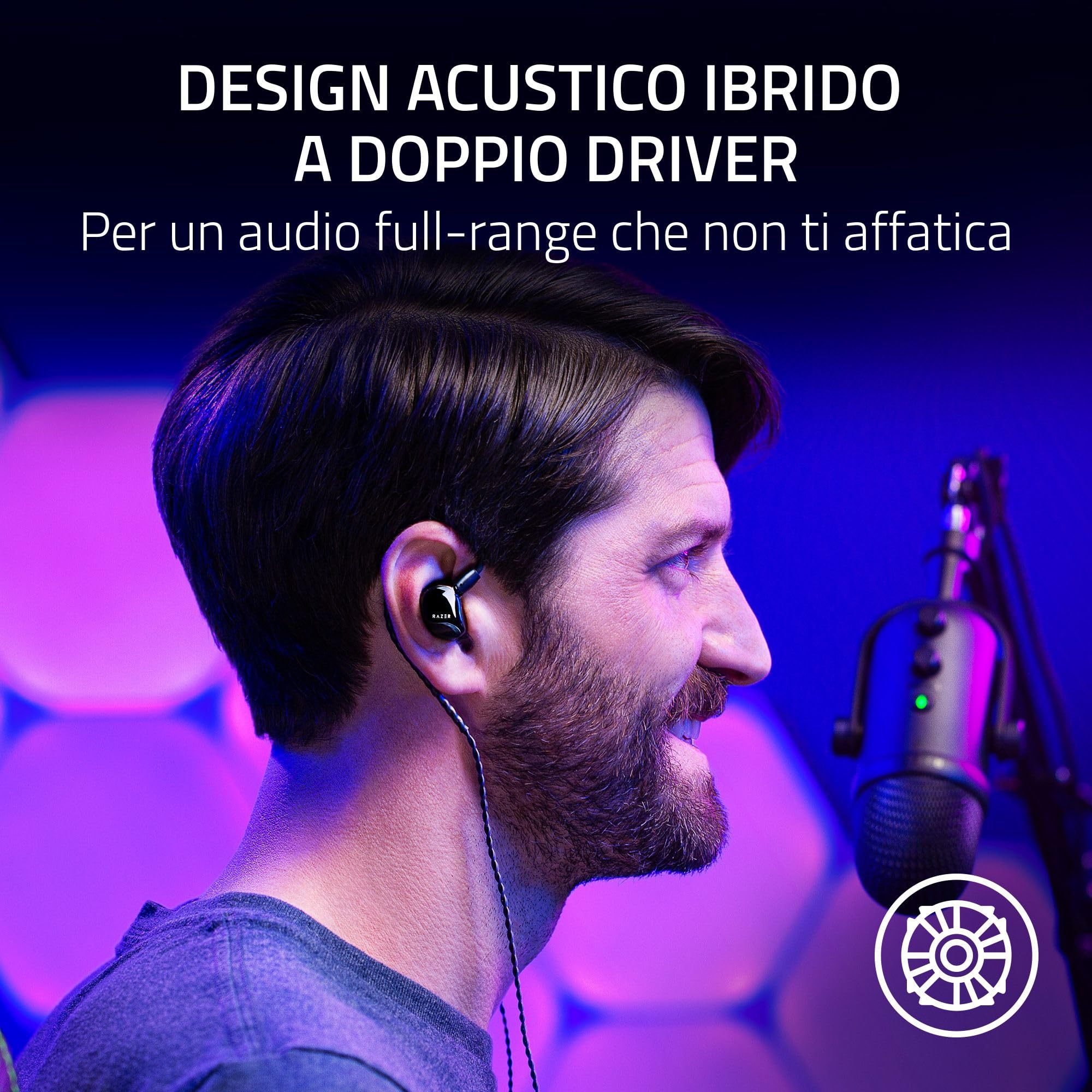 Razer Moray - In-ear monitor ergonomico per streammare tutto il giorno (Design acustico ibrido a doppio driver, Forma ergonomica a basso profilo, Isolamento passivo dal rumore avanzato) Negro