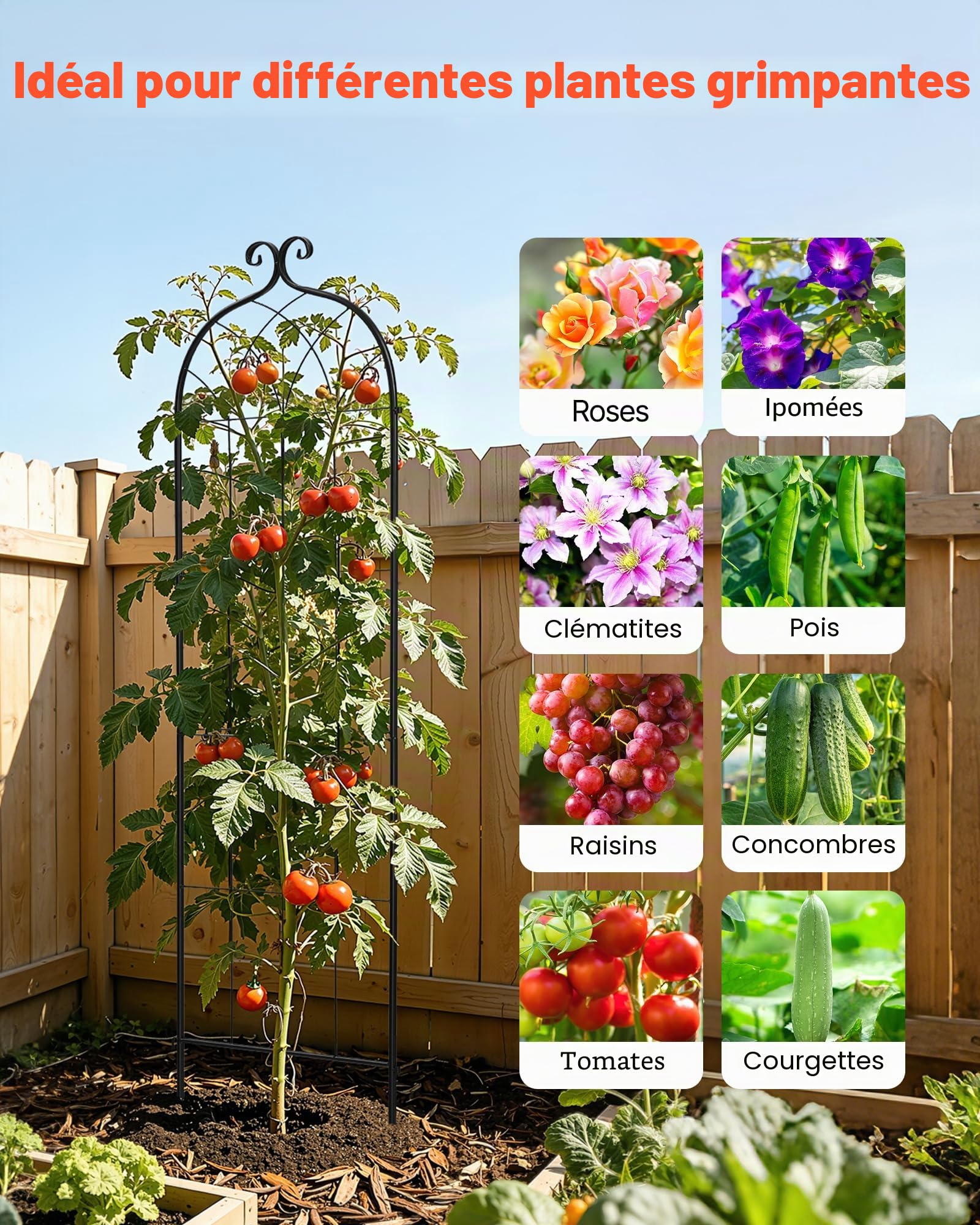 VEVOR Treillis de Jardin Métal 52,5x180 cm Support de Plante Grimpante Lot de 4 Treillis pour Rosiers, Tomates, Concombres, Fleurs Légumes Grimpants, avec Revêtement en Poudre, Système de Verrouillage