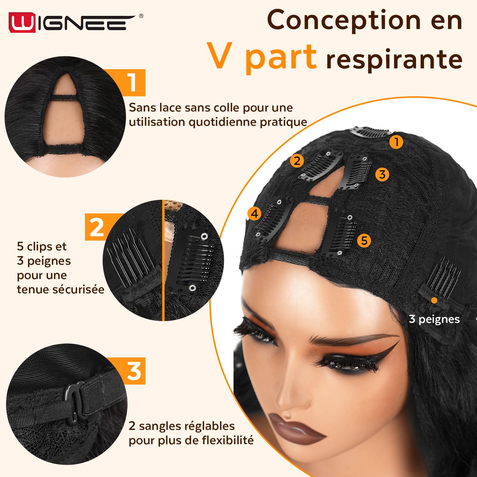 WIGNEE Perruque V Part Bouclée 46 cm – Yaki Synthétique Résistante à la Chaleur, Noir Naturel, Demi-Perruque Légère, Mélange Invisible pour Usage Quotidien