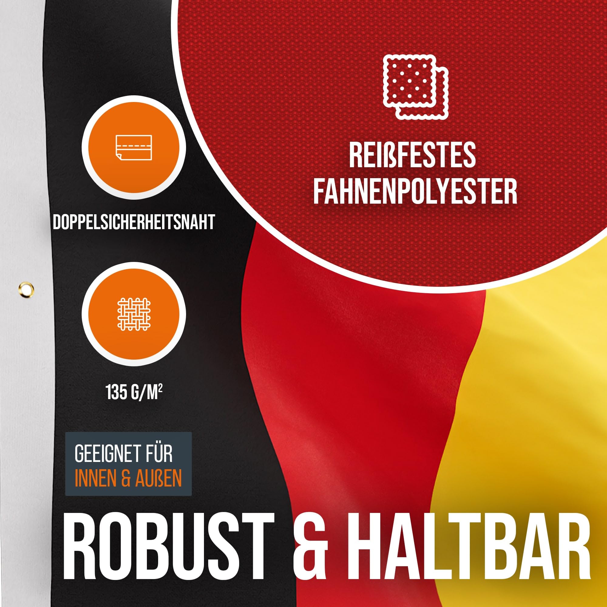 Deutschland Flagge 120 x 300 cm - für Fahnenmast mit Ausleger, Deutschlandfahne aus reißfestem Fahnen-Polyester-Stoff, Hissfahne wetterfest und UV-beständig