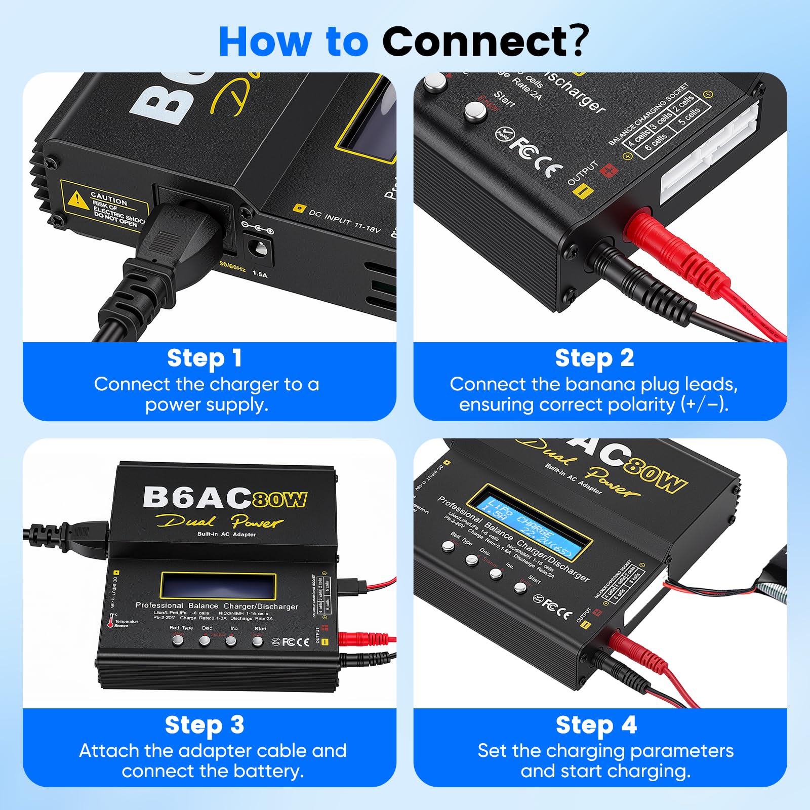 LiPo Ladegerät 80W 6A Dual Power Akku Ladegerät mit Balancer für LiPo Li-Ion Life (1-6S) NiMH NiCd (1-15S) PB, B6AC RC Batterie Ladestation mit LCD Display & Multi-Kabel für RC Auto Drohne, Schwarz
