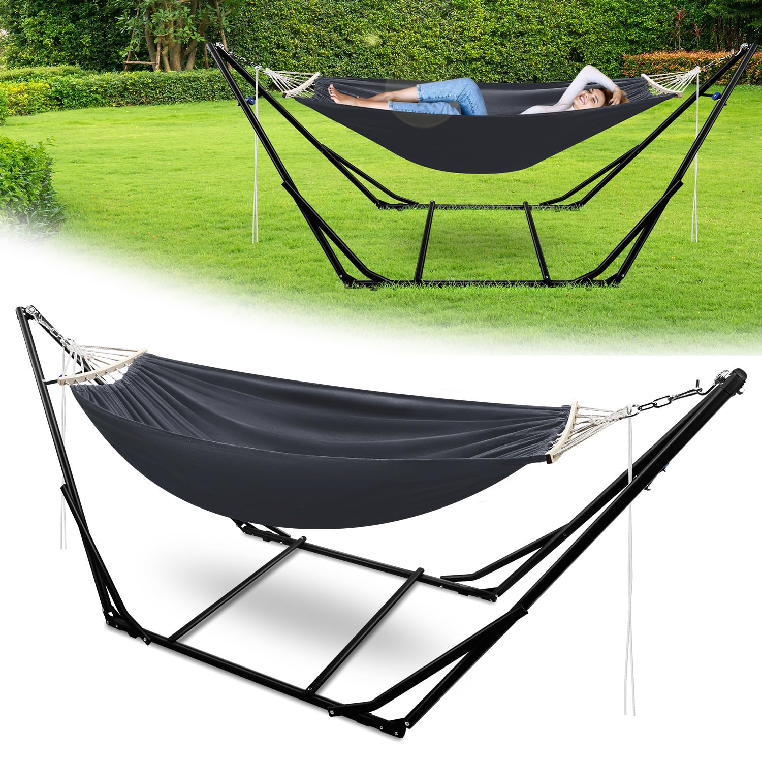 Hamac avec support, charge maximale 200 kg, pour 2 personnes, hamac d'extérieur pliable avec armature pour jardin, terrasse, balcon, avec sac de transport, structure en métal