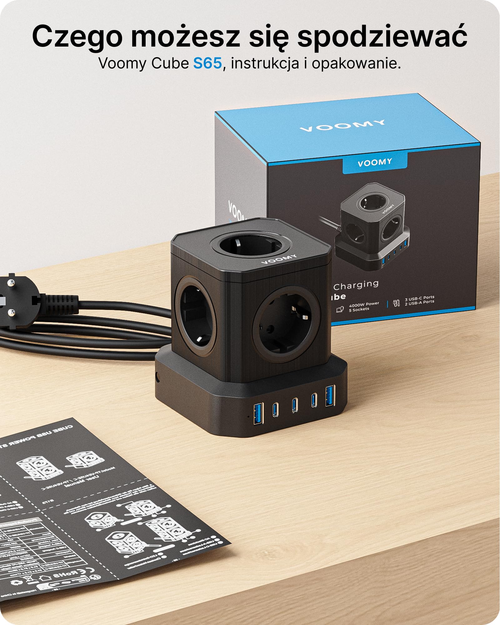 VOOMY Listwa zasilająca USB do szybkiego ładowania, 65 W, 10 gniazd z przełącznikiem, do rodziny, kuchni i biura z 3 portami USB-C i 2 USB-A 2 m, 4000 W, czarna