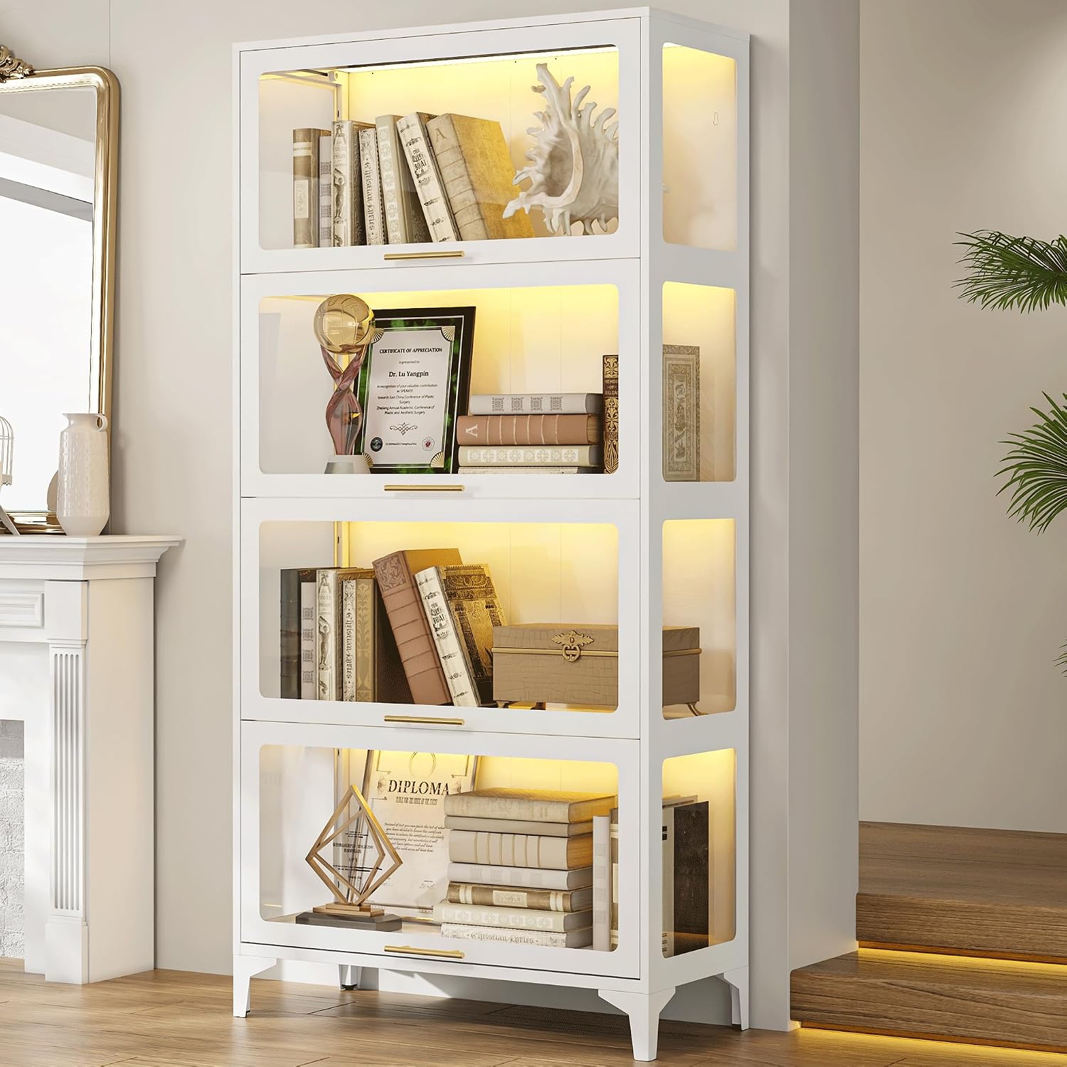 4-Tier Display Cabinet with Flip-Up Glass Door & 13 Color Adjustable LED Lights, Metal Curio Cabinet for Collectibles, Glass Display Shelf Bookcase Storage Cabinet for Figure/Trophy/Memorabilia, White