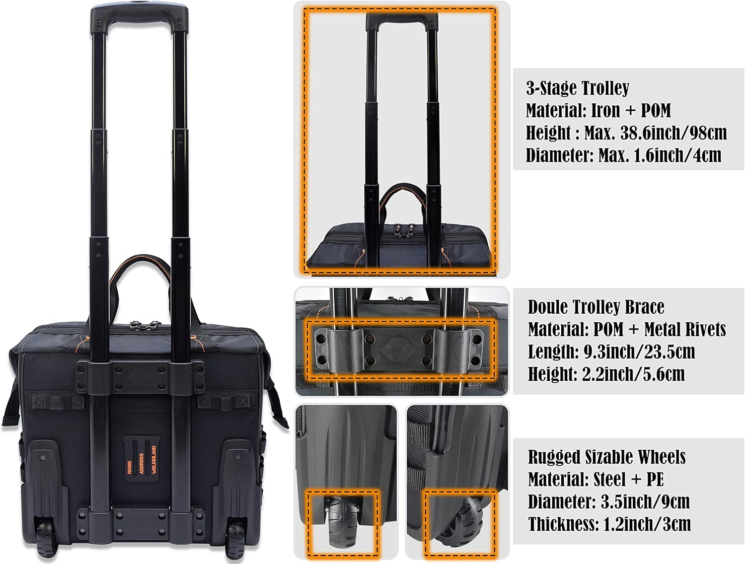 WELKINLAND 46Pockets-26" Rolling tool bag, Tools bag with wheels, Rolling tote bag, Tool tote, HVAC tools bags, Electrician tool bag, Tool bag organizer, Tool bags for men