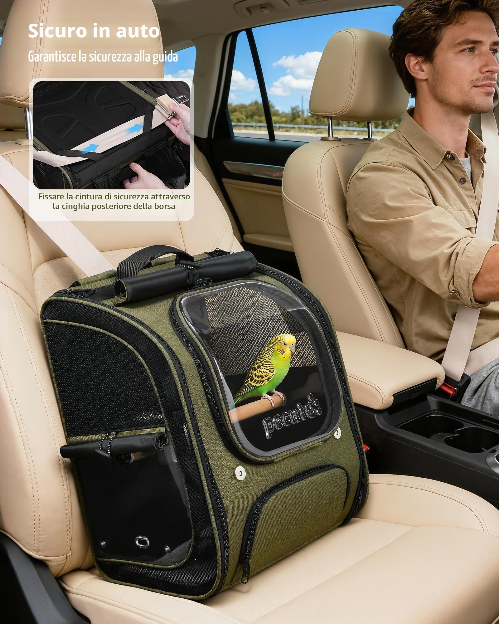 Pecute Gabbia Zaino per Pappagalli - Zaino Trasportino per Uccelli Portatile e Pieghevole con Finestra, Ciotole e Trespolo Amovibili, Sicuro e Traspirante per Veterinario e Uscite, Verde Oliva