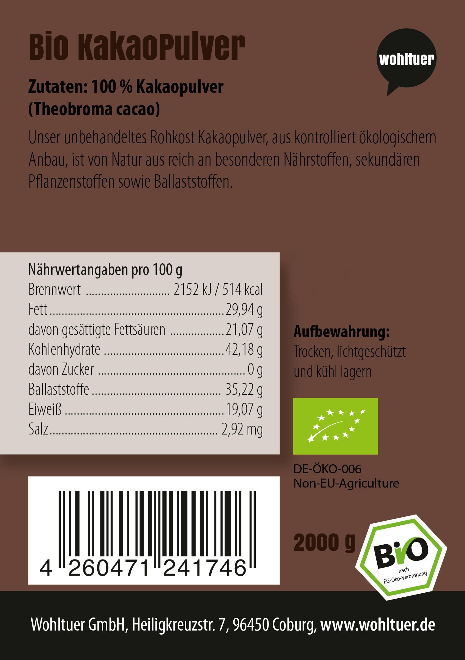 Kakaopulver Rohkost Bio - Von Wohltuer - Nicht geröstet - Kalt verarbeitet - Aus Kleinbauernkooperative (2000g)