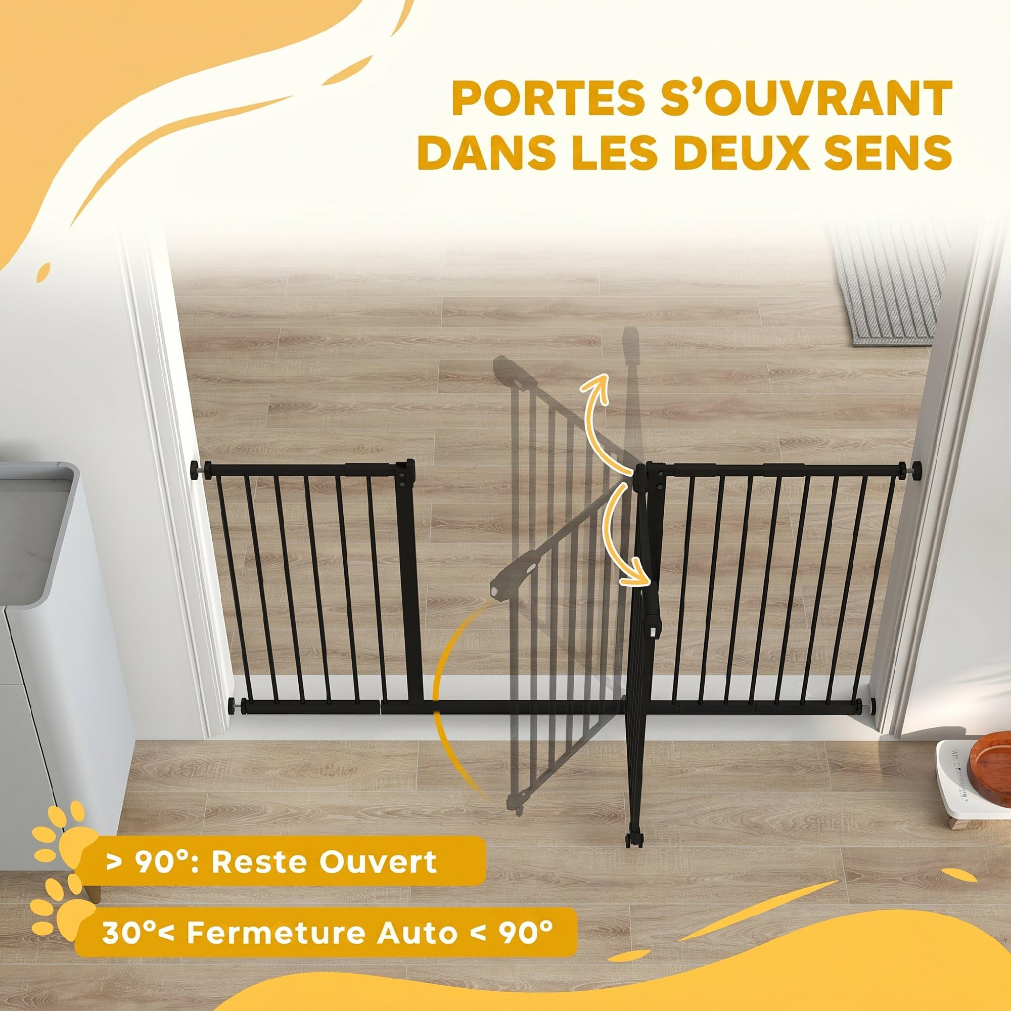 PawHut Barrière de sécurité Animaux 74-148 x 76,2 cm avec Porte Fermeture Automatique système de Double Verrouillage sans perçage avec 3 Extensions Noir