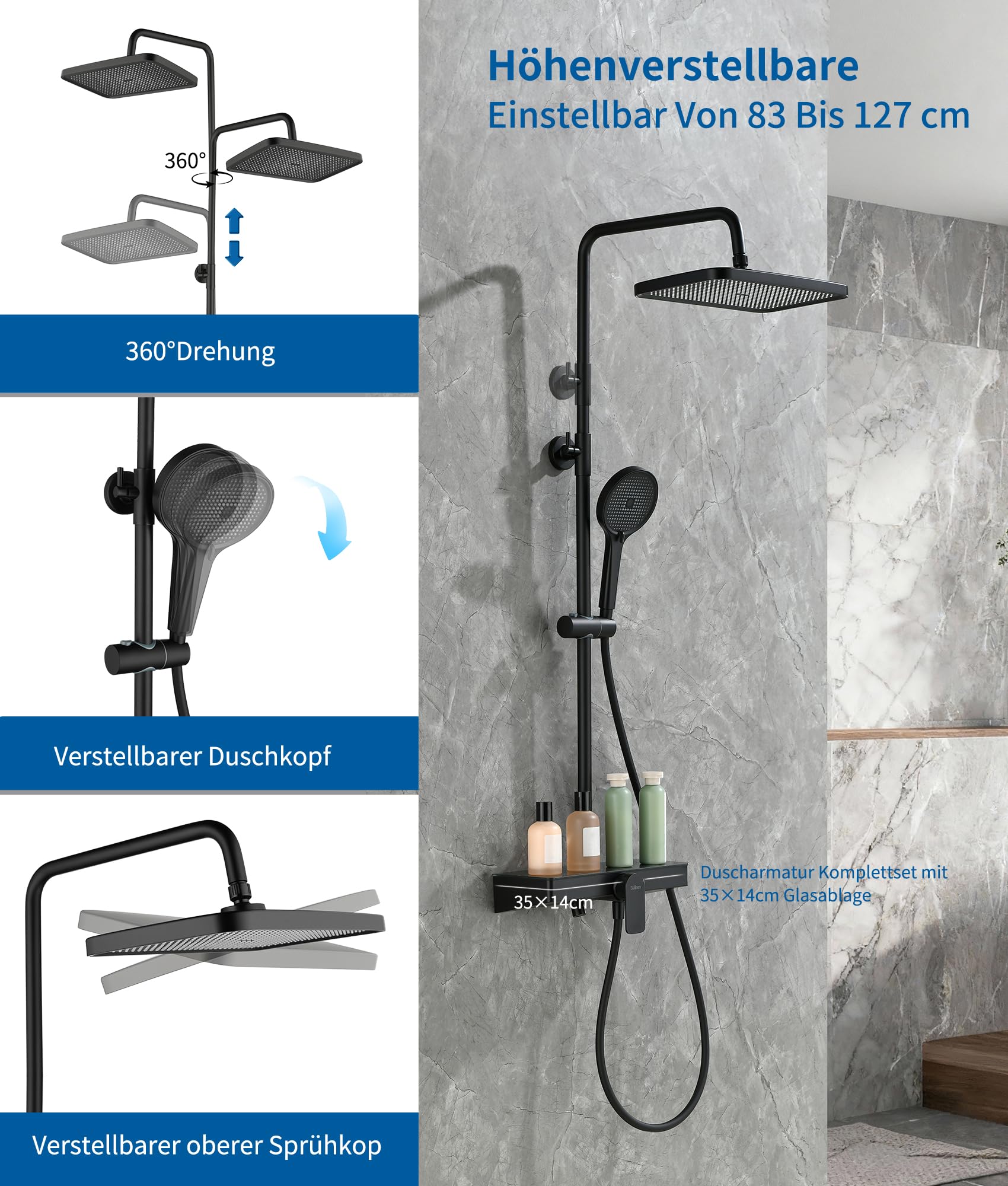 Duschsystem Schwarz ohne Thermostat,HöHenverstellbar Duscharmatur Komplettset 360° Drehung Regendusche Mit Armatur,Handbrause Mit Drei SprüHmodi,35×14cm Glasablage,33×21cm GroßEr Regendusche
