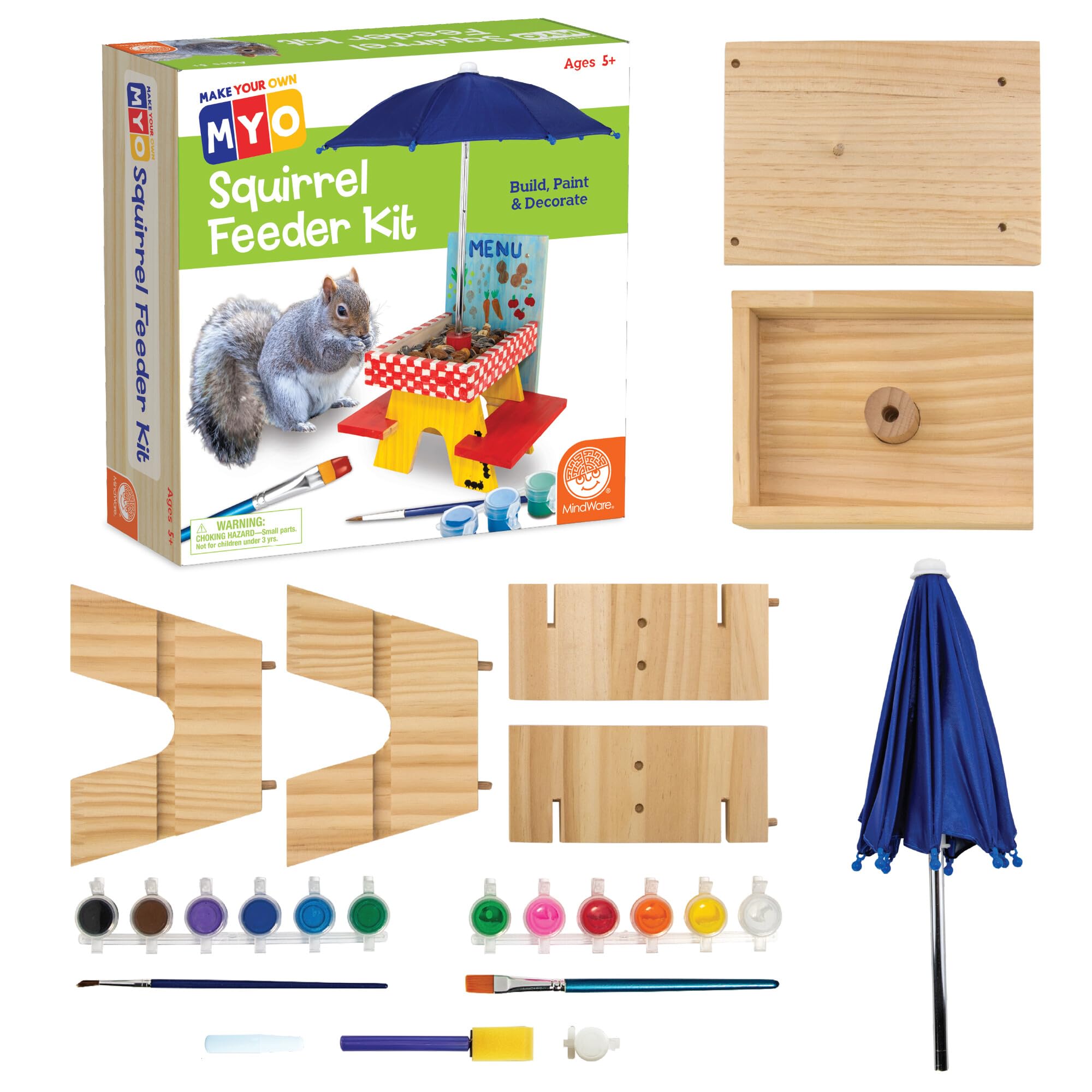 MindWare Make Your Own (MYO) Squirrel Feeder Craft Kit for Kids - Includes Wood Pieces, Paint, Brushes, Instructions and More