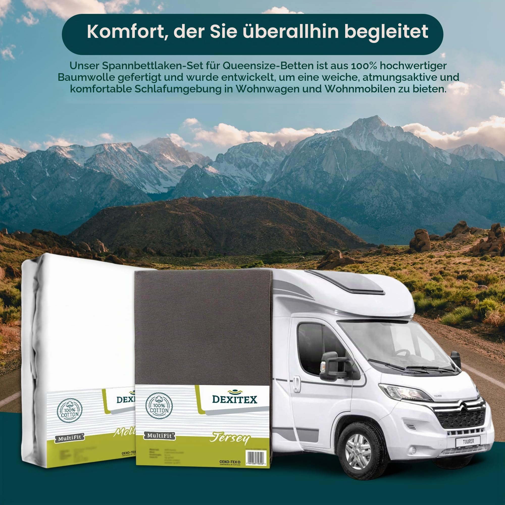 Queensbett Bettset 2er Set 1 Molton, 1 Spannbettlaken Antrazit (130-160cm x 210cm) Für Wohnmobil oder Wohnwagen-Oeko-TEX - 100% Baumwolle
