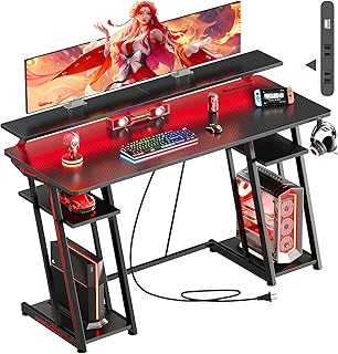 YeTom Gaming Desk, LED Light, Gaming Table, Game Desk, Width 55.1 inches 140 cm, 2 Levels of Left and Right Storage Racks, Supports Section Storage Under Base, Desk, PC Desk, Gaming Low Desk, Black
