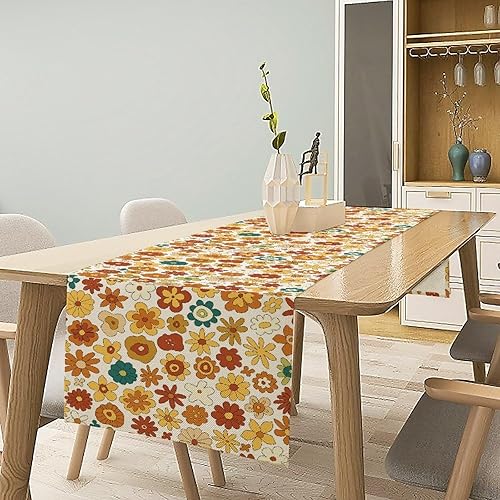 Camino de mesa floral retro de los años 70, bohemio, abstracto, flores amarillas y naranjas, camino de mesa para campo, granja, cocina, comedor,