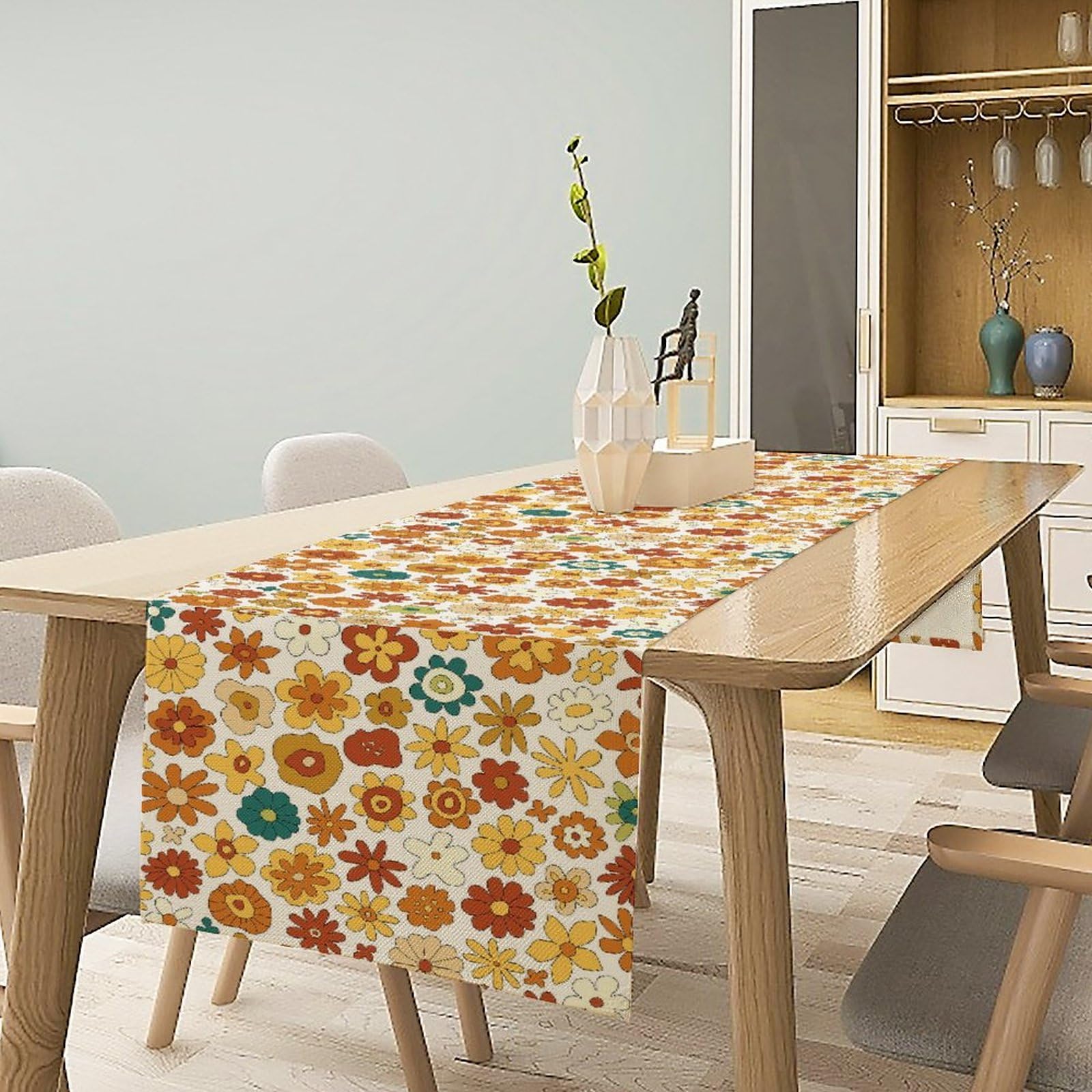 70'S Retro Floral Table Runner, Boho Abstract Yellow Orange Flowers Groovy Table Runner for Country Farmhouse Kitchen Dining Room Party Picnic Table Decor 13x90 Inch