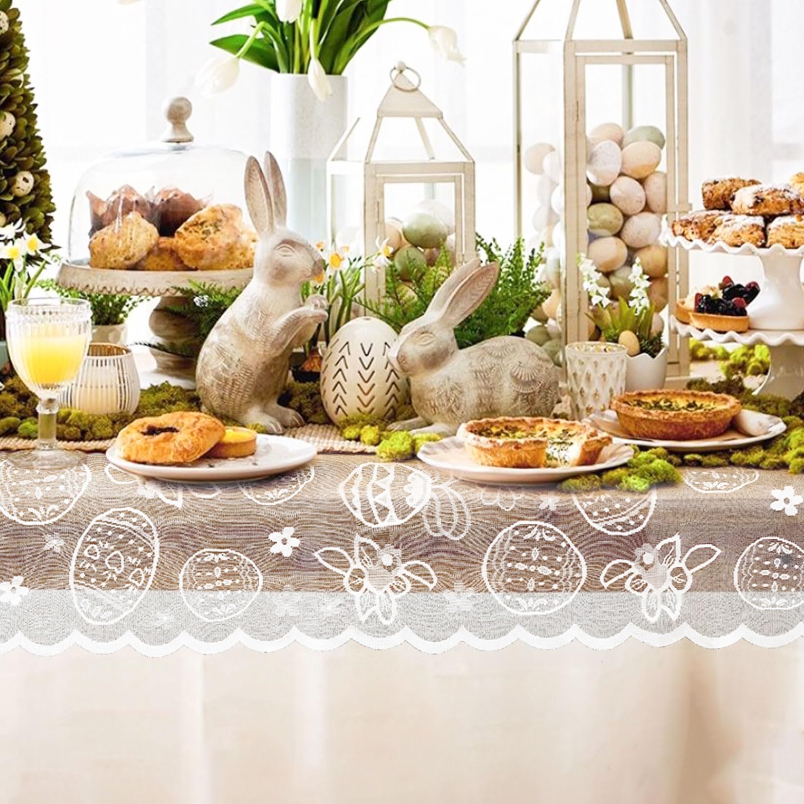Tovaglia Passante In Pizzo Primaverile 33x183 Cm Con Ricamo Coniglietti E Uova – Centrotavola All’uncinetto Per Decorazione Pasquale (Bianco)