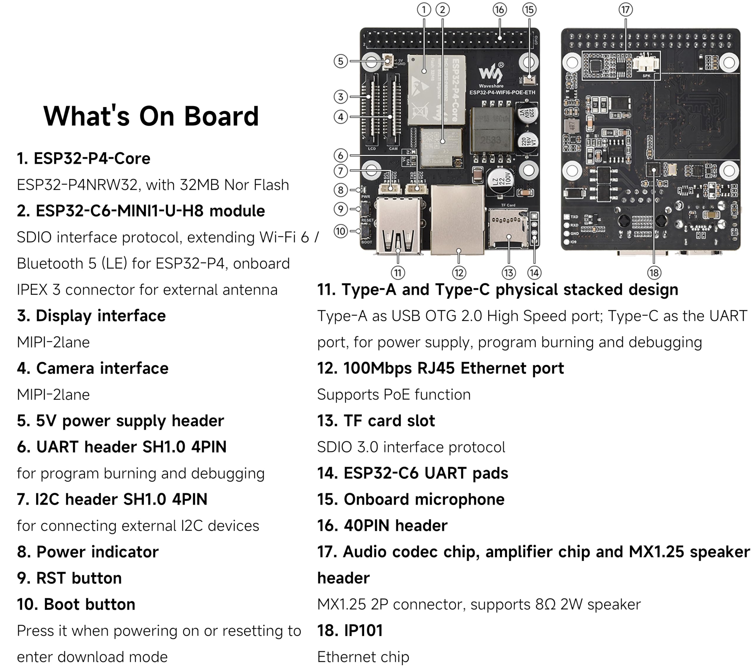 ESP32-P4-WIFI6-POE-ETH Development Board, Based on ESP32-P4 and ESP32-C6, Supports Wi-Fi 6 and Bluetooth 5 (LE), with PoE Module for PoE Power Supply, with 10.1inch Screen, Camera, Speaker (16 Items)