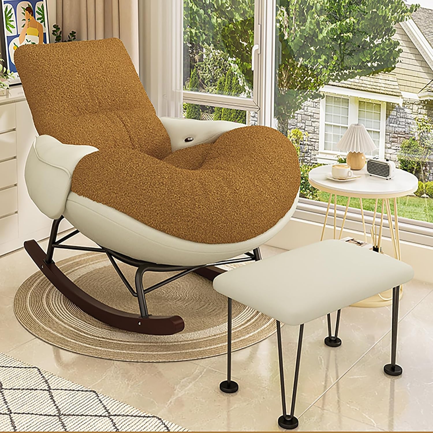 Modern Accent Rocking Chair with Armrests, Nursery Rocking Chairs with Ottoman, Upholstered Recliner Chair High Back, Ergonomic Design, Sled-Style Solid Wood Base, Wide Seat Surface for Bedroom(Khaki)