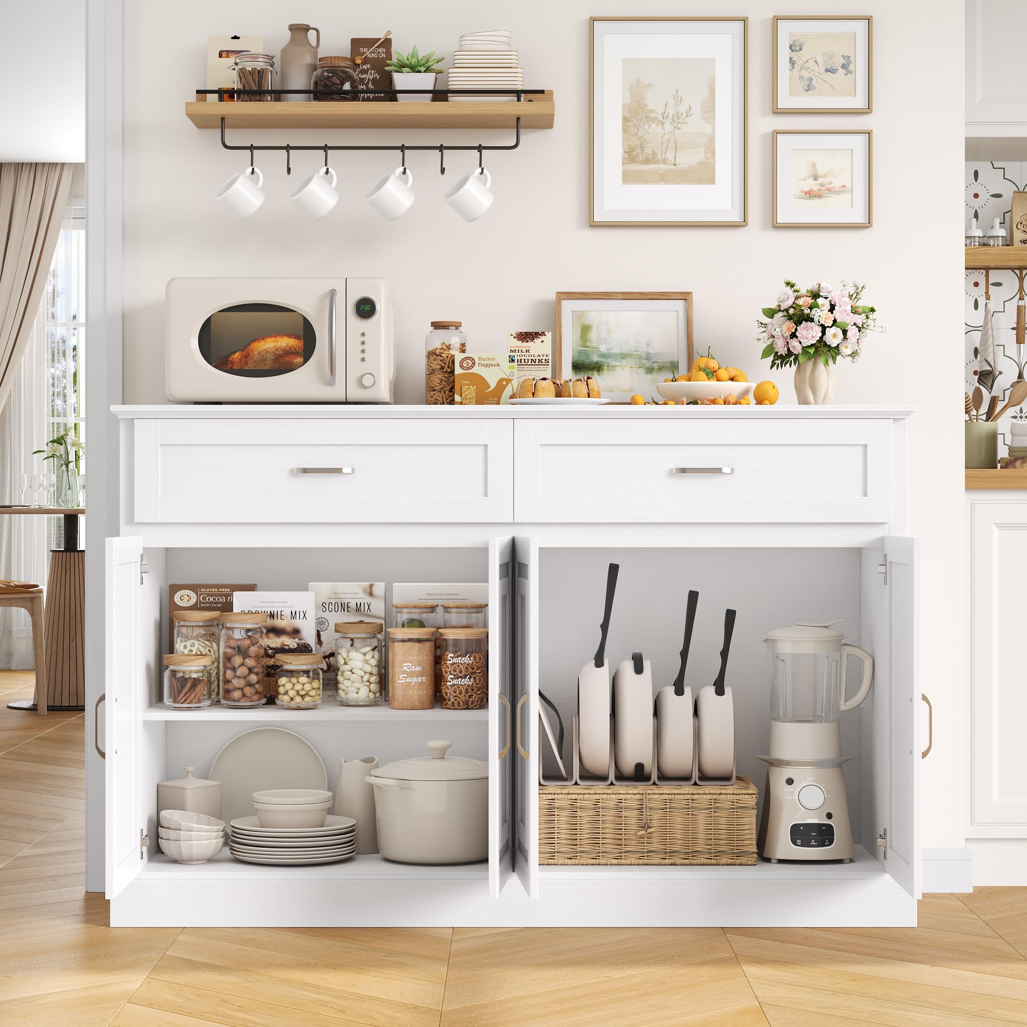 FirFurd 140CM Credenza Cucina,Mobile Cucina con 2 Cassetti e 4 Ante, Madia Soggiorno Moderna con Ripiani Regolabili e Rimovibile, per Cucina, Sala da Pranzo, Soggiorno, 140x39.5x92.2cm Bianco