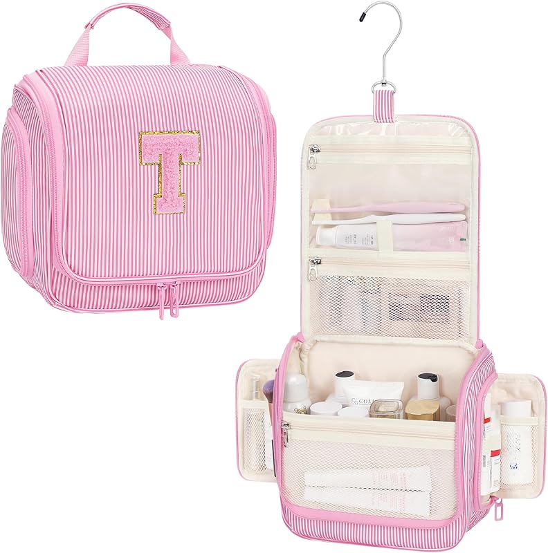Necessaire suspensa Relavel para viagem, em nylon, com compartimentos, gancho giratório e patch inicial, Pink T