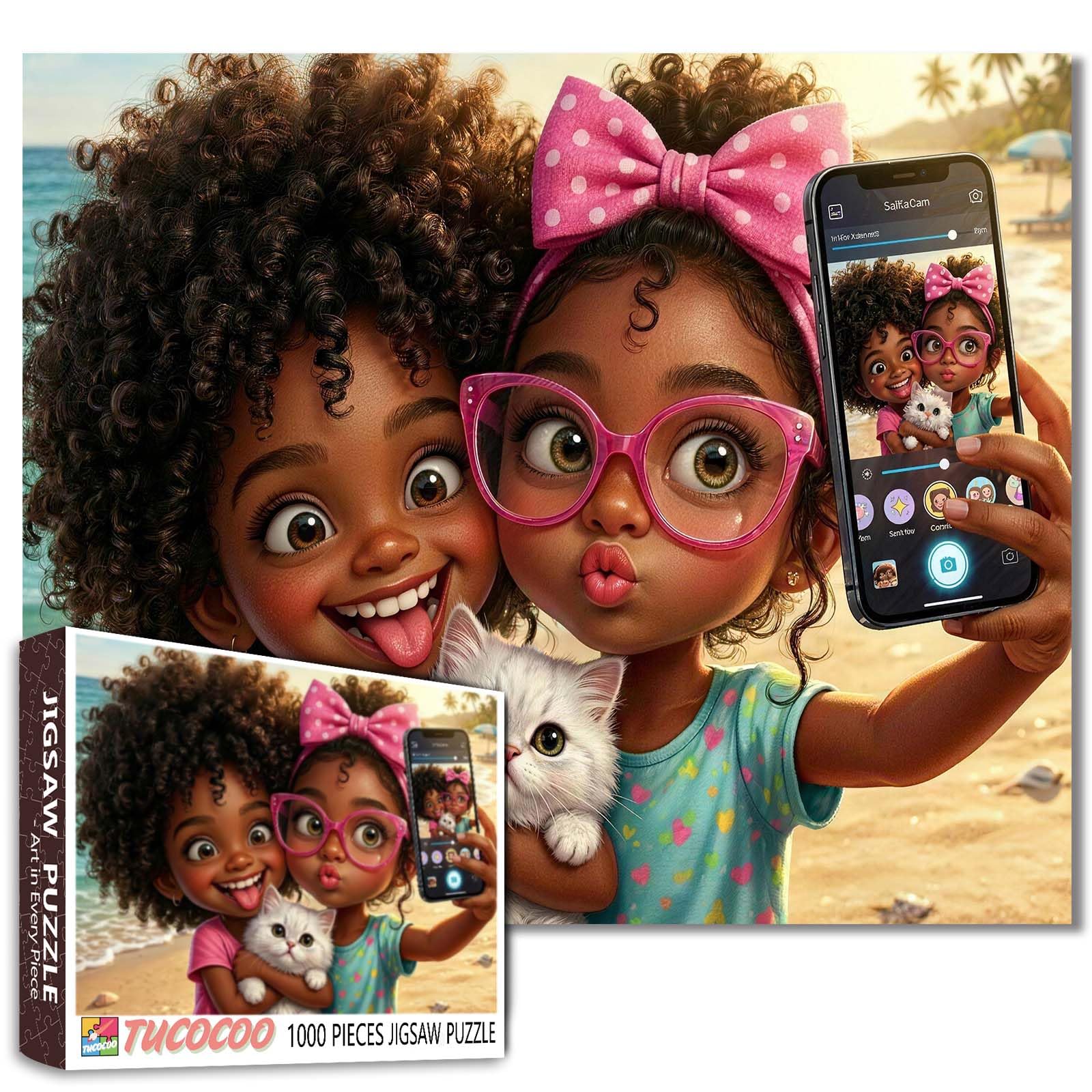 American African Girl Selfie Jigsaw Puzzles for Adults 1000 Pieces Summer Beach Friends DIY Puzzles for Family Activity Games Black Girls Art Jigsaw Puzzles African Wall Decor Gifts 19.7 x 27.6 Inch