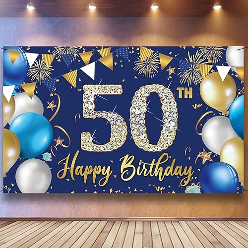 Telón de fondo de decoración de cumpleaños 50 para hombres, decoraciones de feliz cumpleaños 50 para hombres, fondo azul para fotografía de
