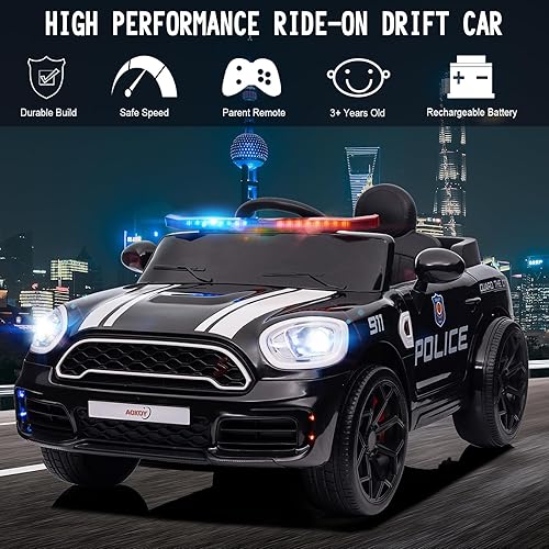 Miniatura 2 de AOKOY 12V Police Car, Battery Powered Ride On Drift Car with Remote Control Kids Electric Sports Car with 3 Speeds Police Truck with Alarm Lights,